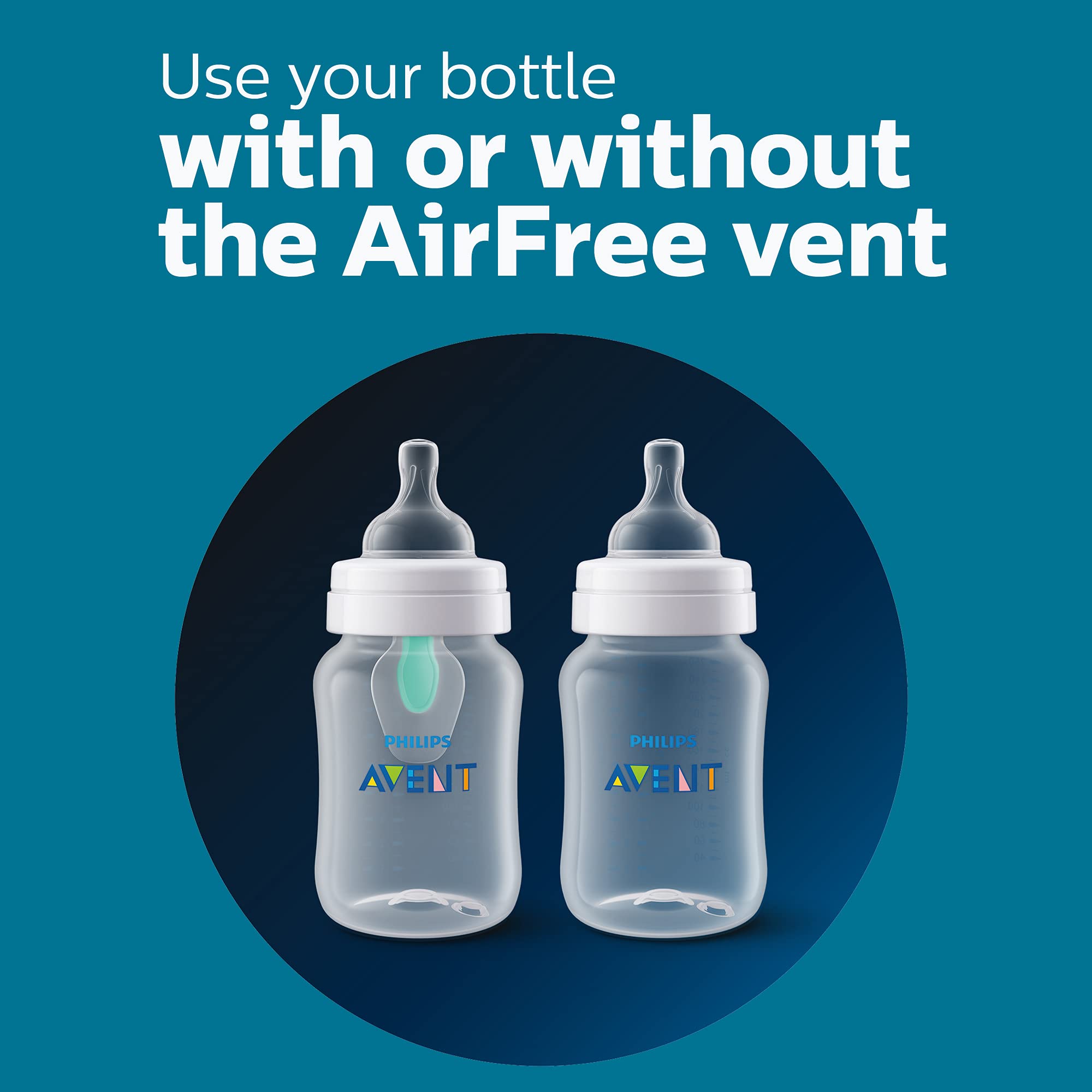 Philips Avent bottle assembled sideview emphasizing leak-resistant fit