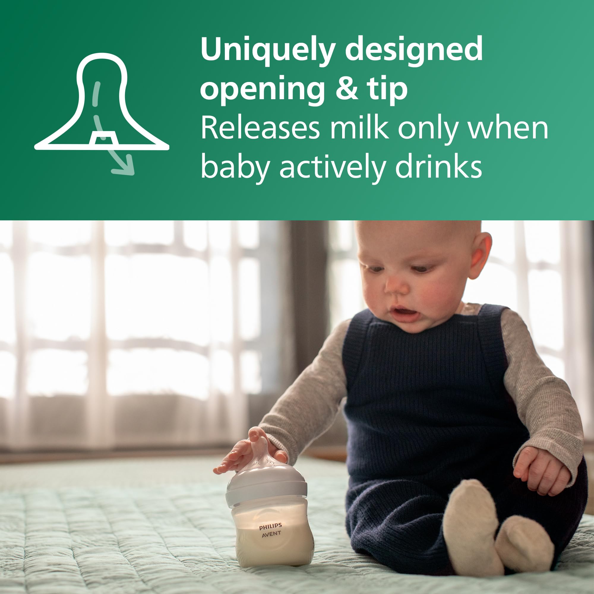 Philips Avent bottle held in hand to show compact scale and grip benefit