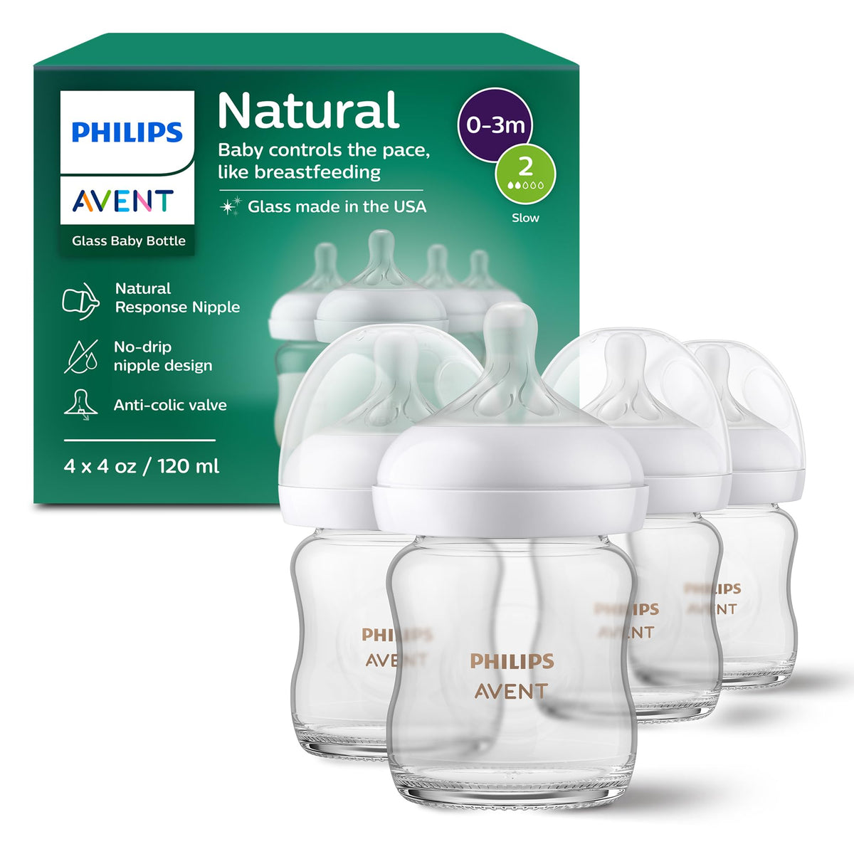 Philips Avent front packaging showing four 4oz glass bottles and benefits