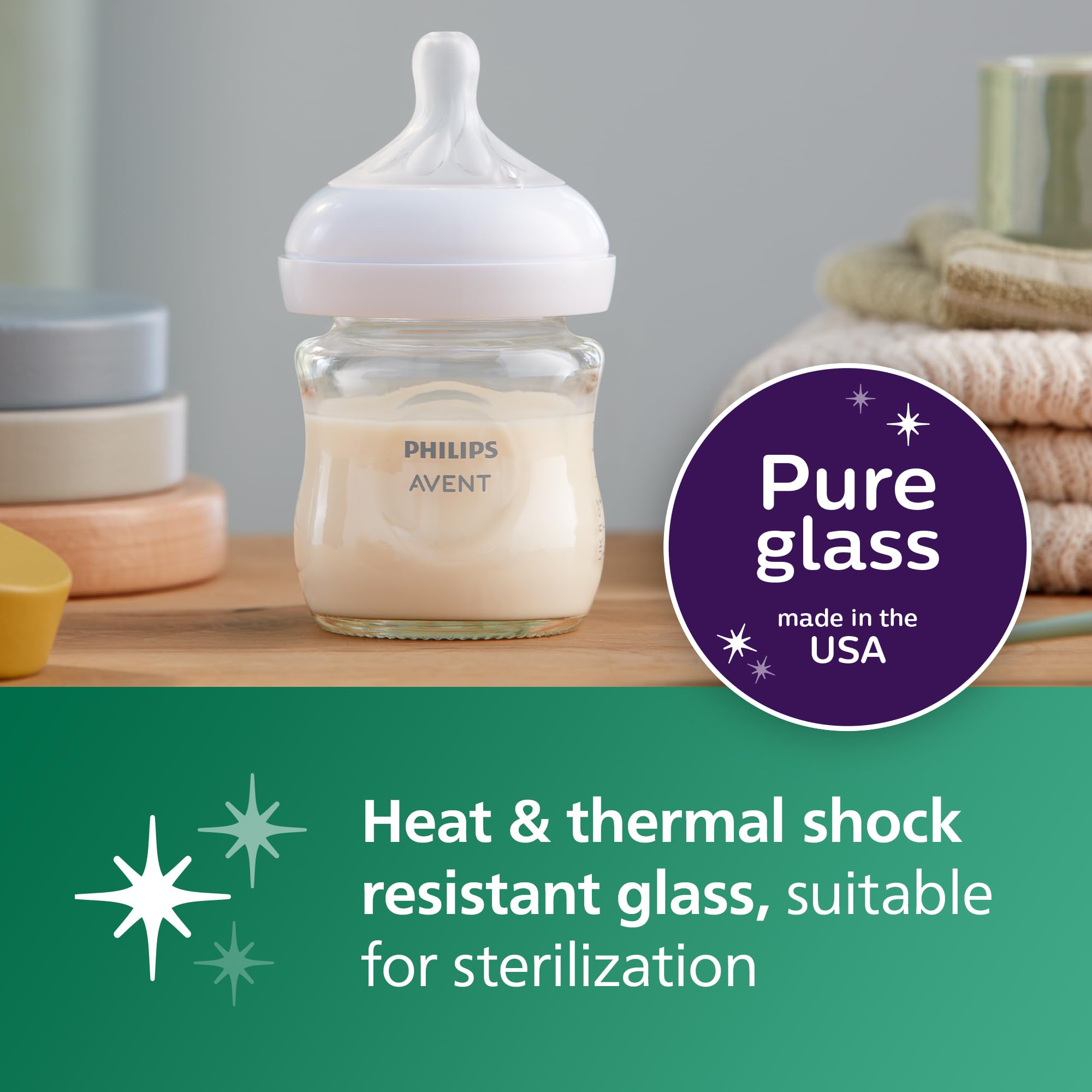 Philips Avent side profile of glass bottle highlighting ergonomic shape