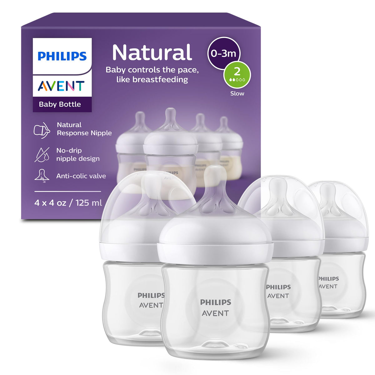 Philips Avent front packaging showing four 4oz bottles and benefits