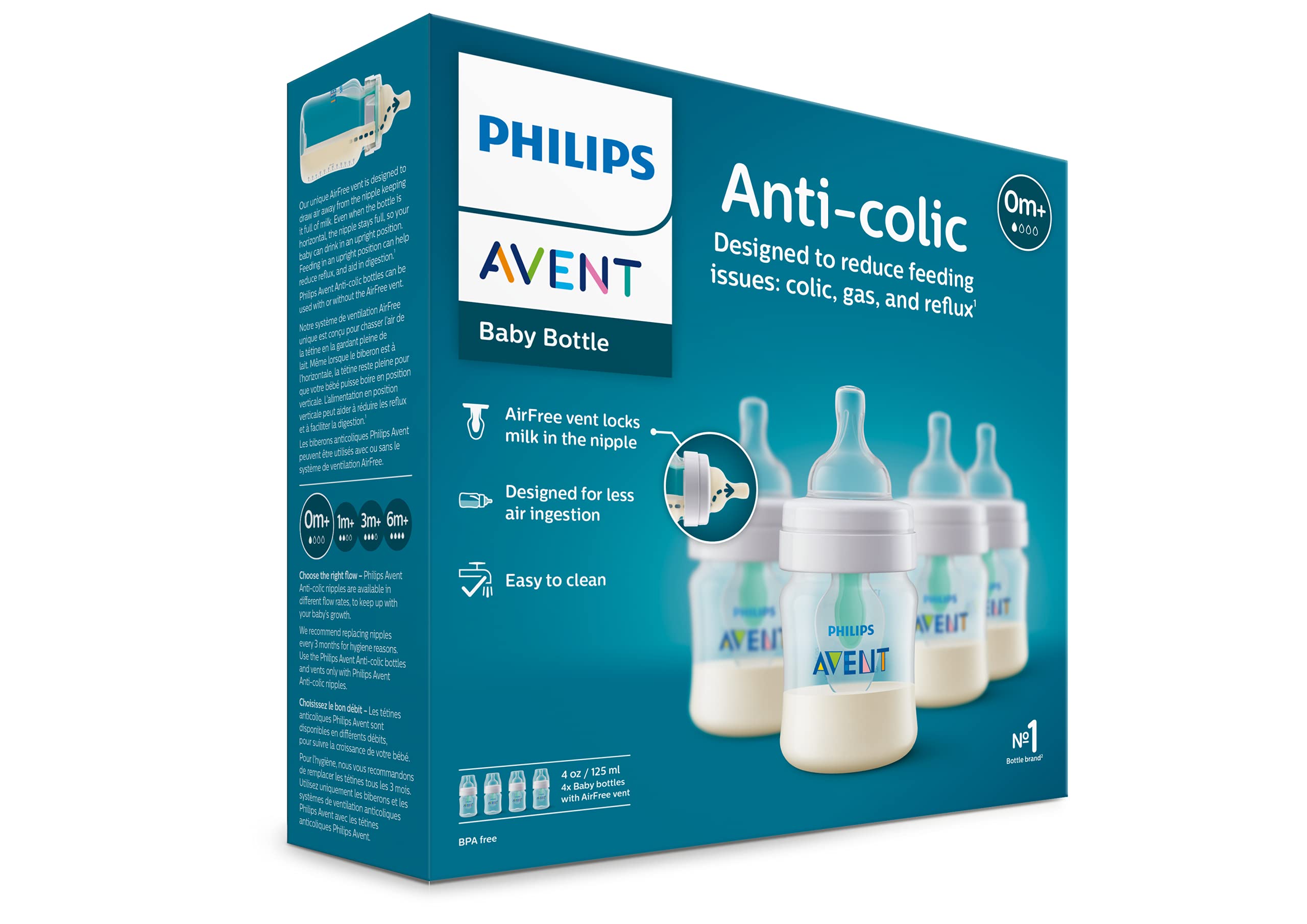 Philips Avent pack of four display showing value and multiple bottles
