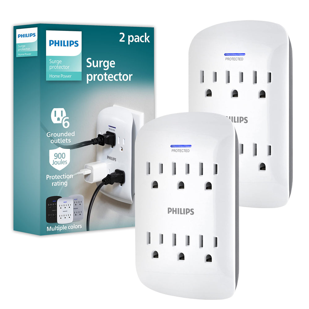 Philips 2-pack front packaging showing both 6-outlet wall taps and benefits