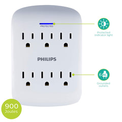 Philips single wall tap front view with six grounded outlets for convenience