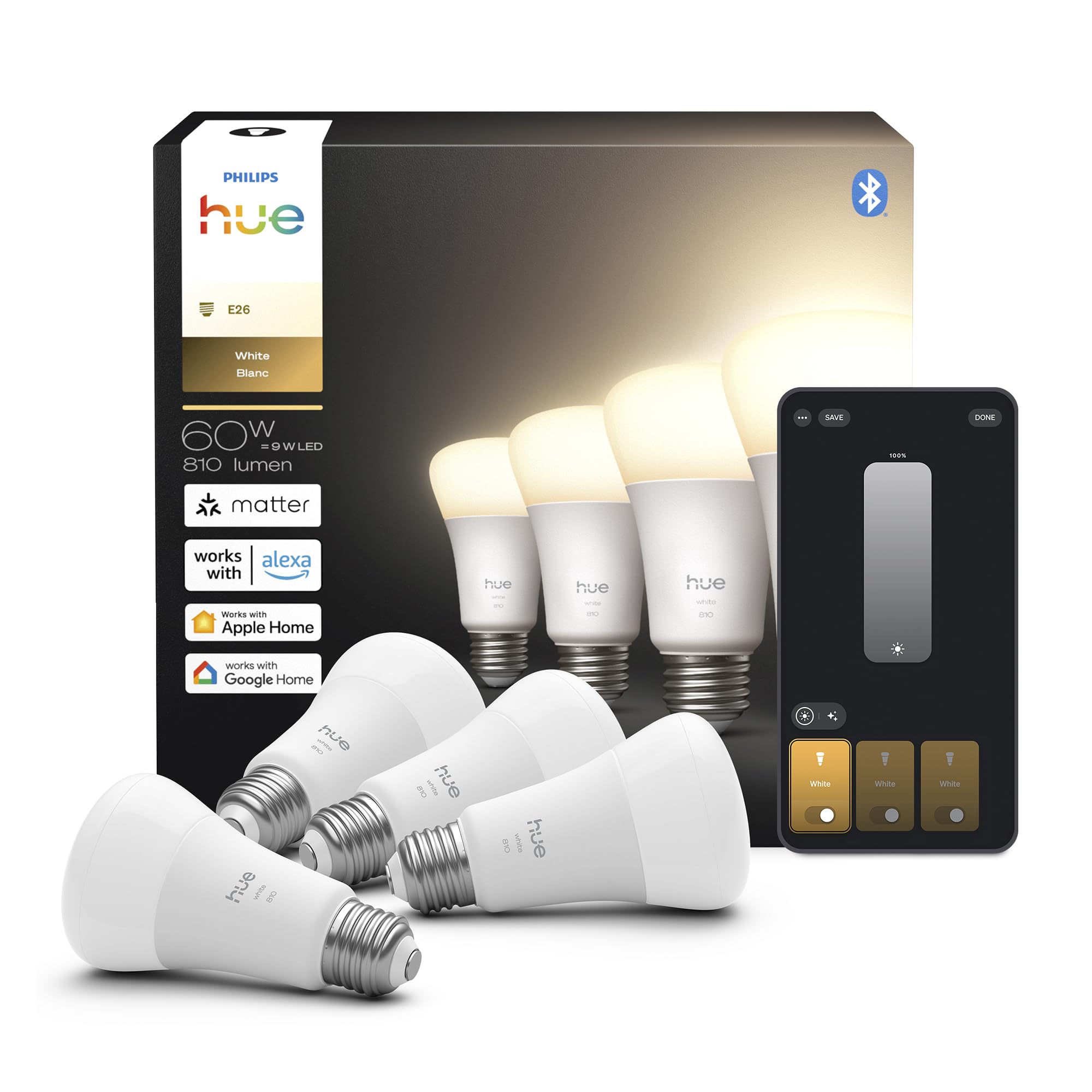 Philips Hue front packaging showing four A19 bulbs and brand clarity