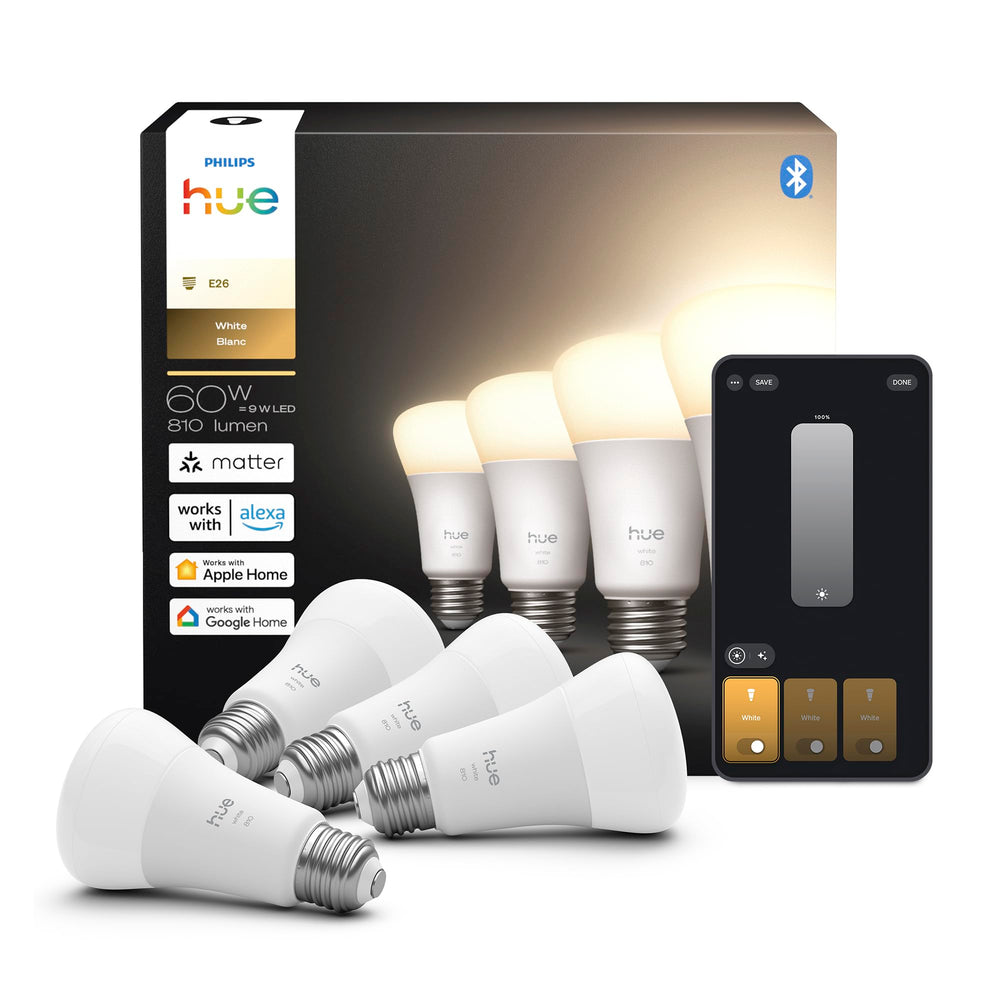 Philips Hue front packaging showing four A19 bulbs and brand clarity