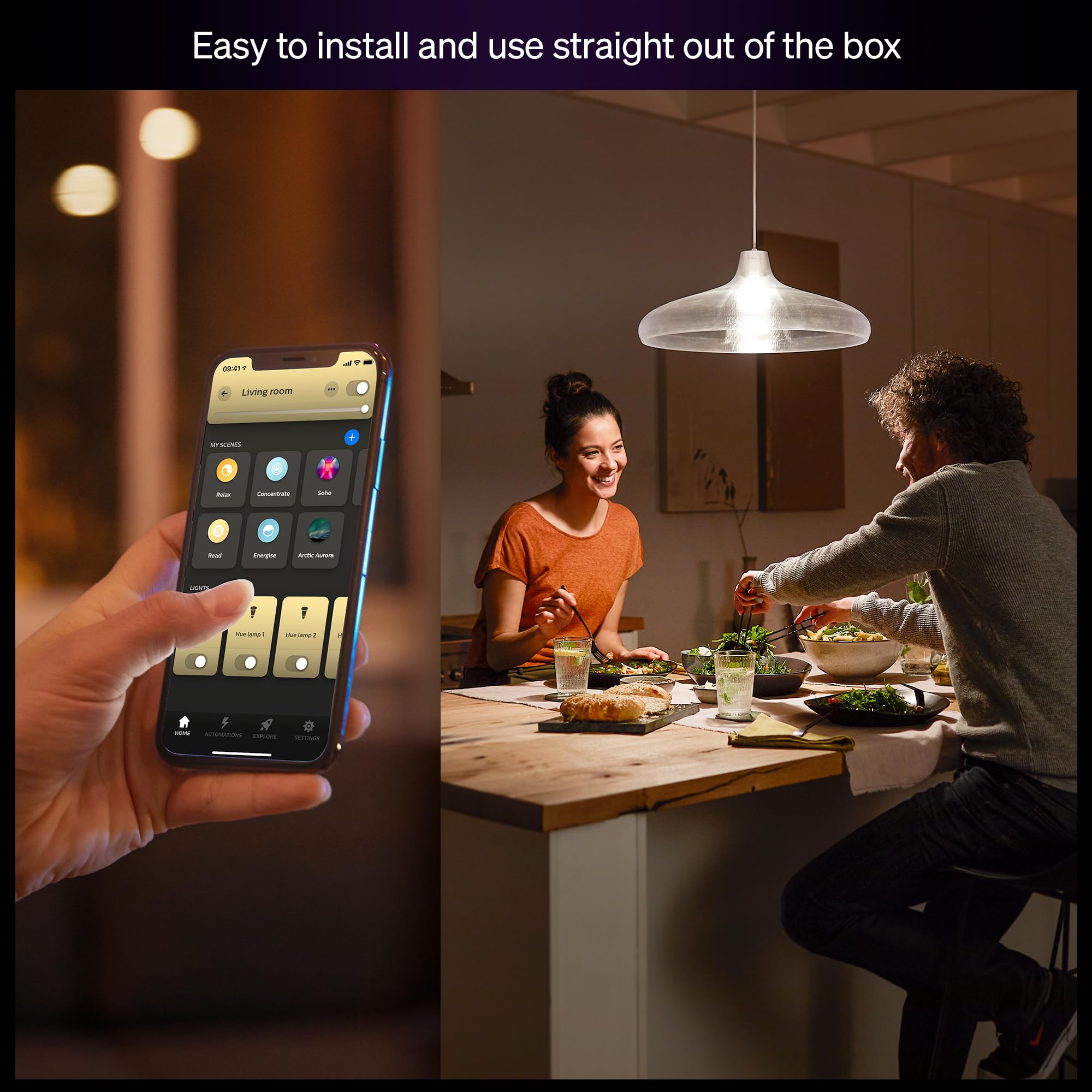 Philips Hue bulb installed in living room lamp showing warm cozy light