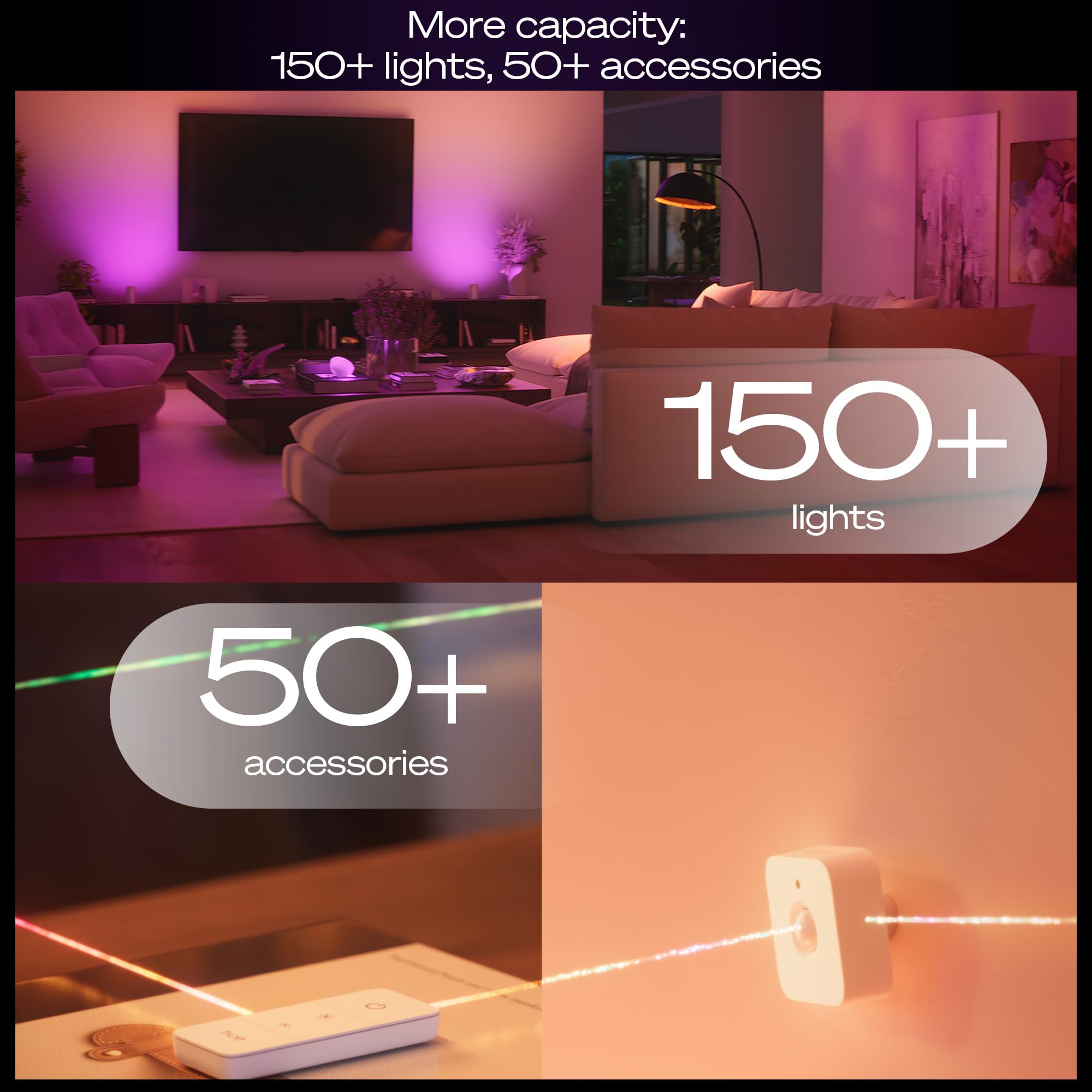 Philips Hue Bridge Pro connected in living room showing unified smart lighting control benefit