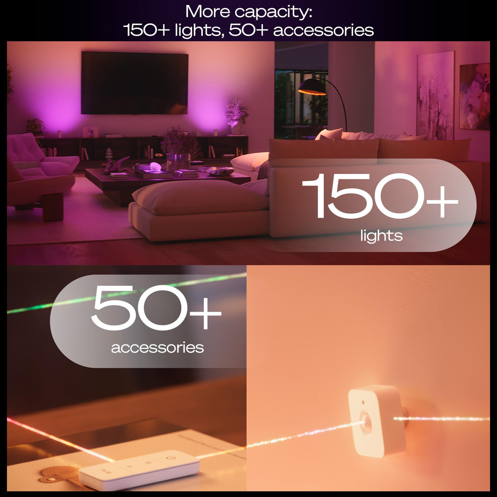 Philips Hue Bridge Pro connected in living room showing unified smart lighting control benefit