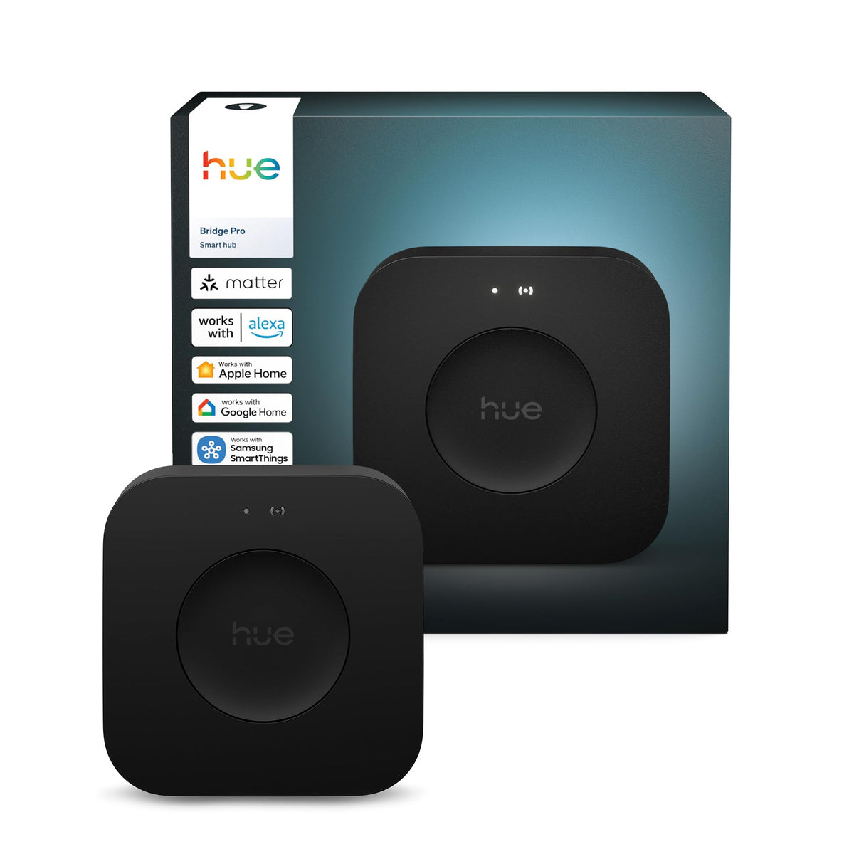 Philips Hue Bridge Pro front view showing compact hub and easy placement benefit
