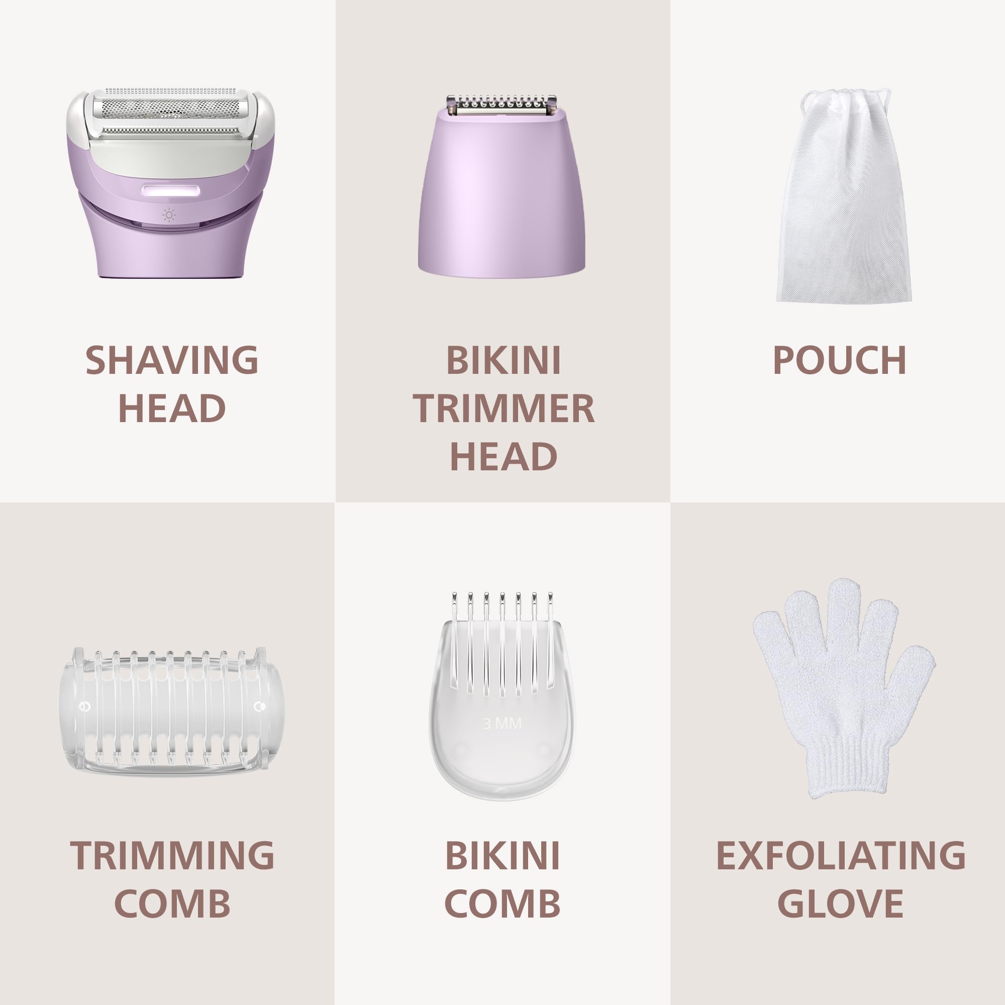 PHILIPS lady shaver packaging and accessories showing included combs and cable