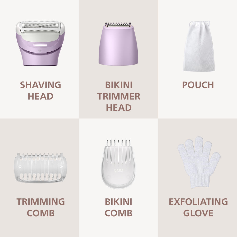 PHILIPS lady shaver packaging and accessories showing included combs and cable
