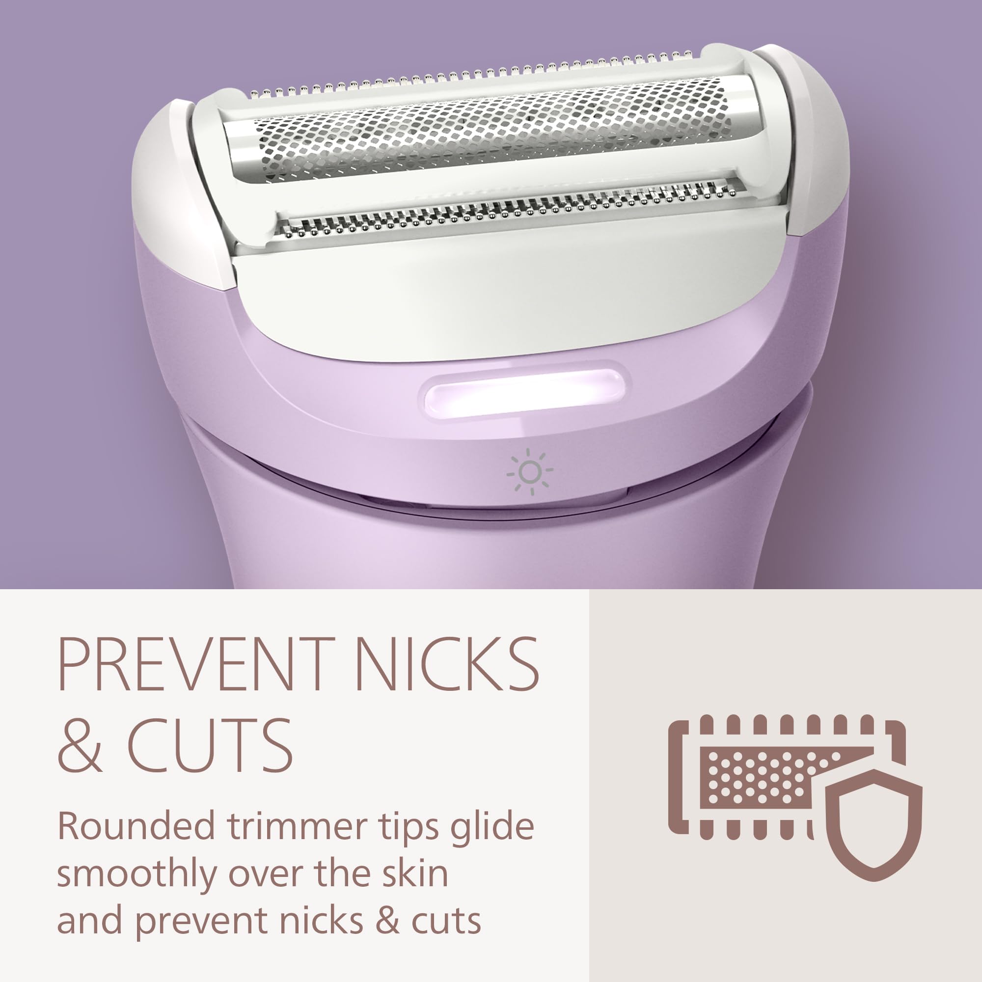 PHILIPS lady shaver size comparison with hand showing compact travel-friendly benefit