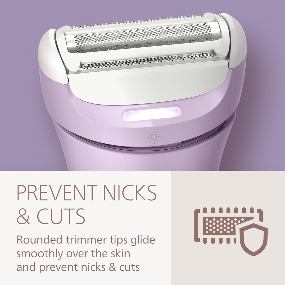 PHILIPS lady shaver size comparison with hand showing compact travel-friendly benefit