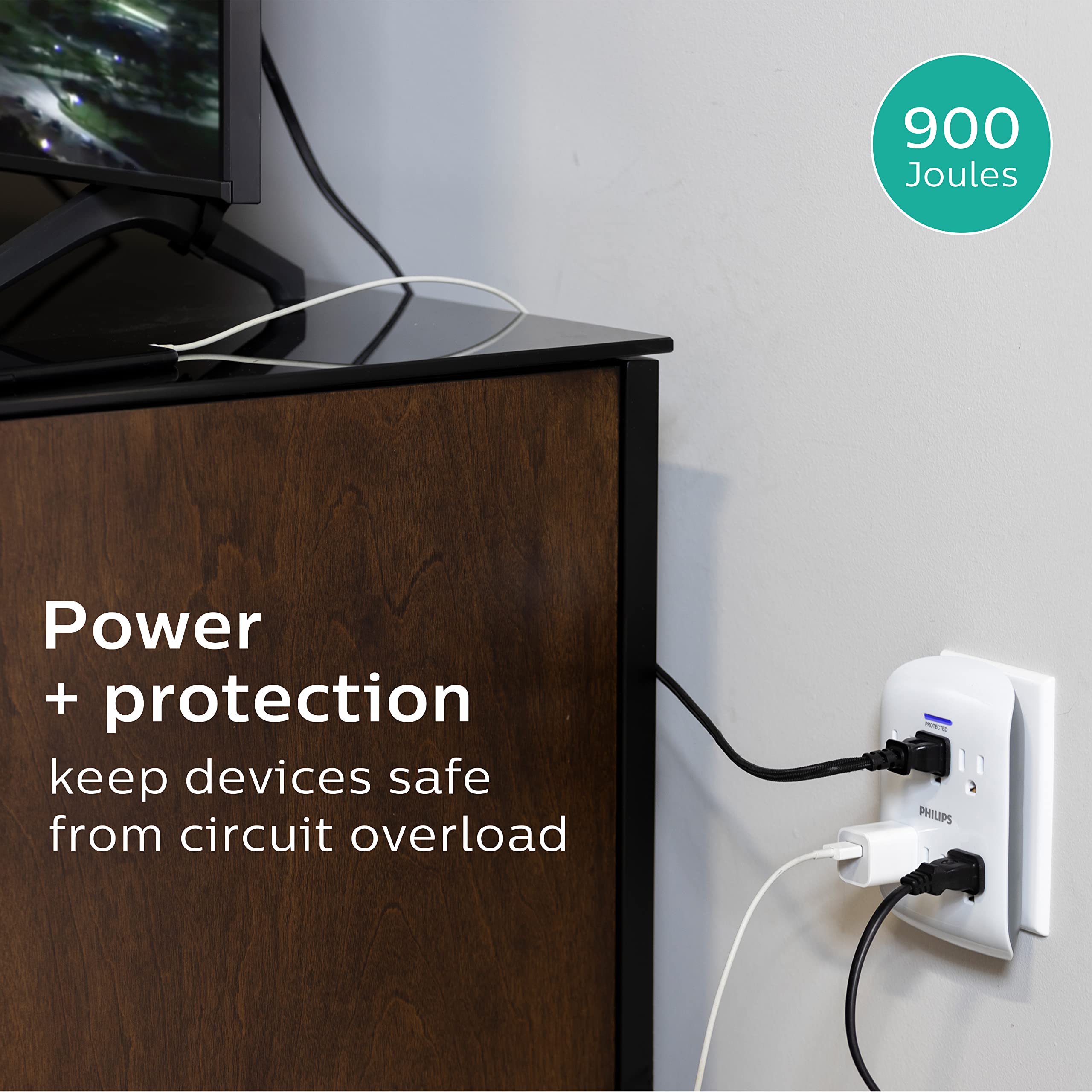 Philips outlet detail close-up illustrating six grounded three-prong receptacles