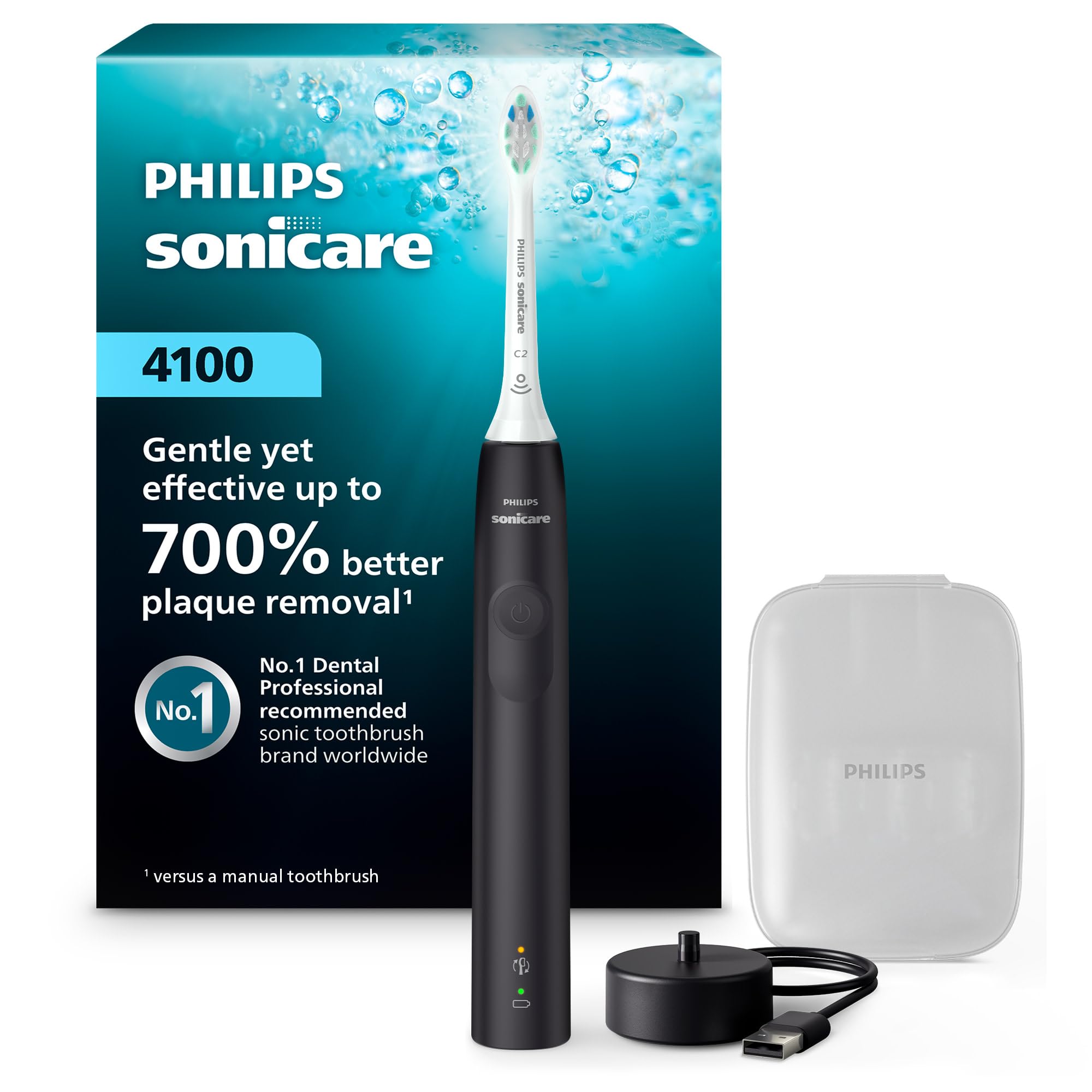 Philips Sonicare 4100 front view in black showing sleek handle for comfortable grip