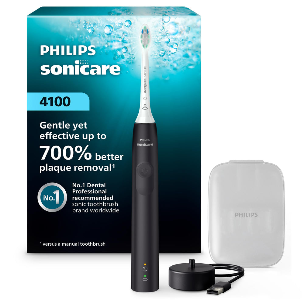 Philips Sonicare 4100 front view in black showing sleek handle for comfortable grip