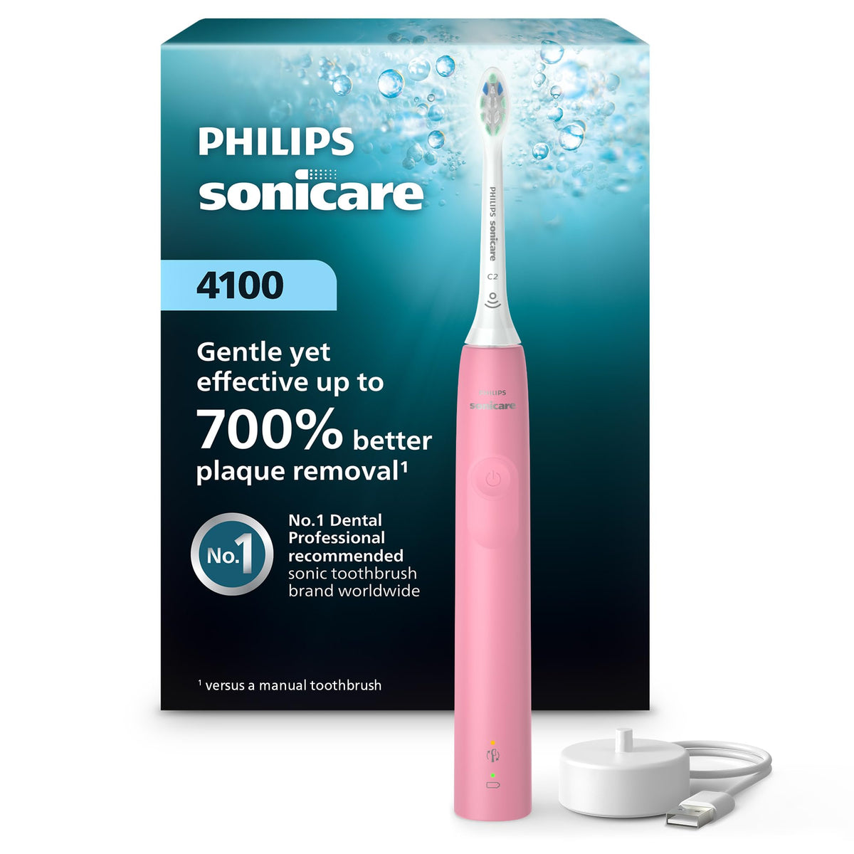Philips Sonicare 4100 front view showing toothbrush and handle for cleaner teeth
