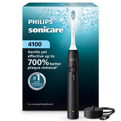 Philips Sonicare 4100 front view showing sleek black handle and power button for easy use