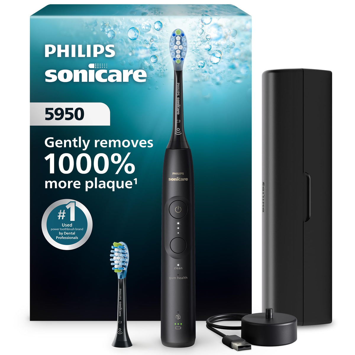 Philips Sonicare 5950 black handle front view showing ergonomic grip benefit