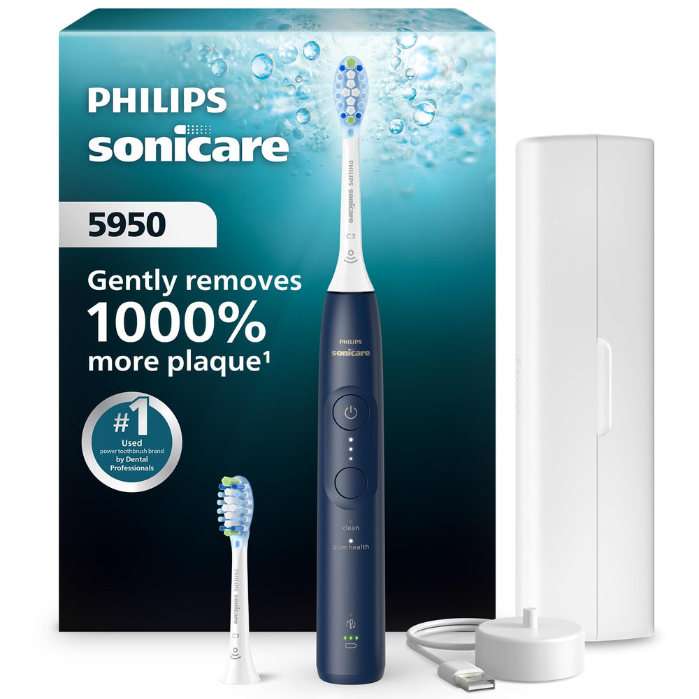 Philips Sonicare 5950 navy handle front view showing ergonomic grip and control
