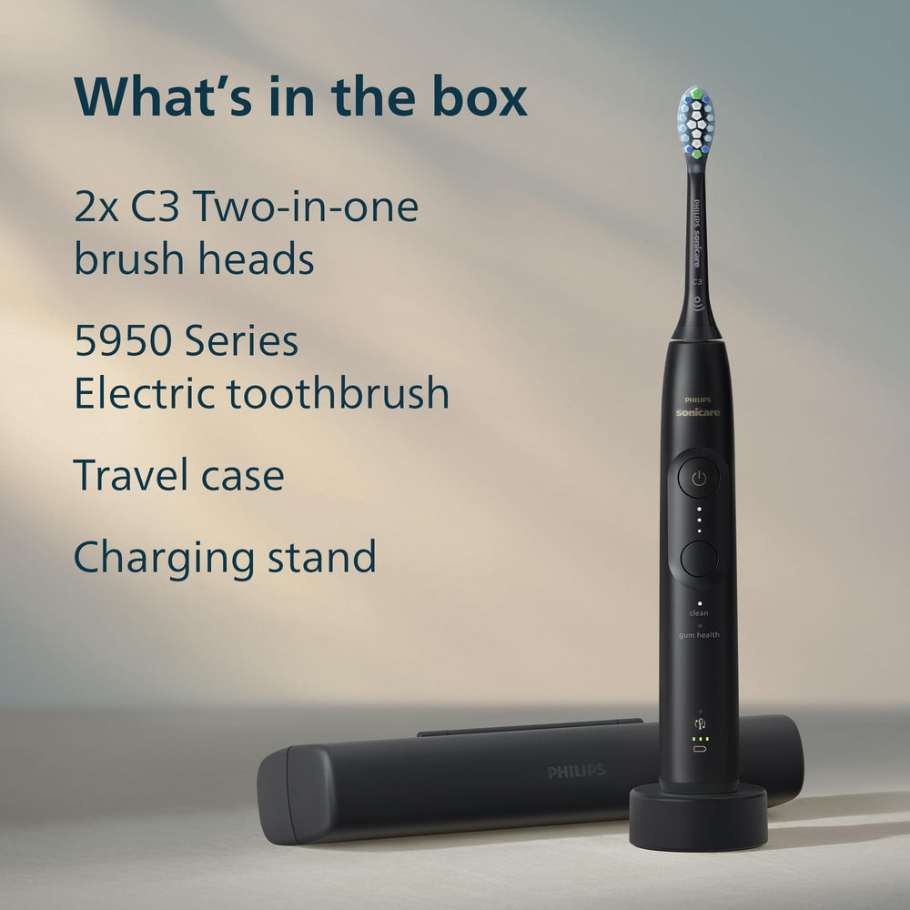 Philips Sonicare 5950 box and contents displayed showing included accessories