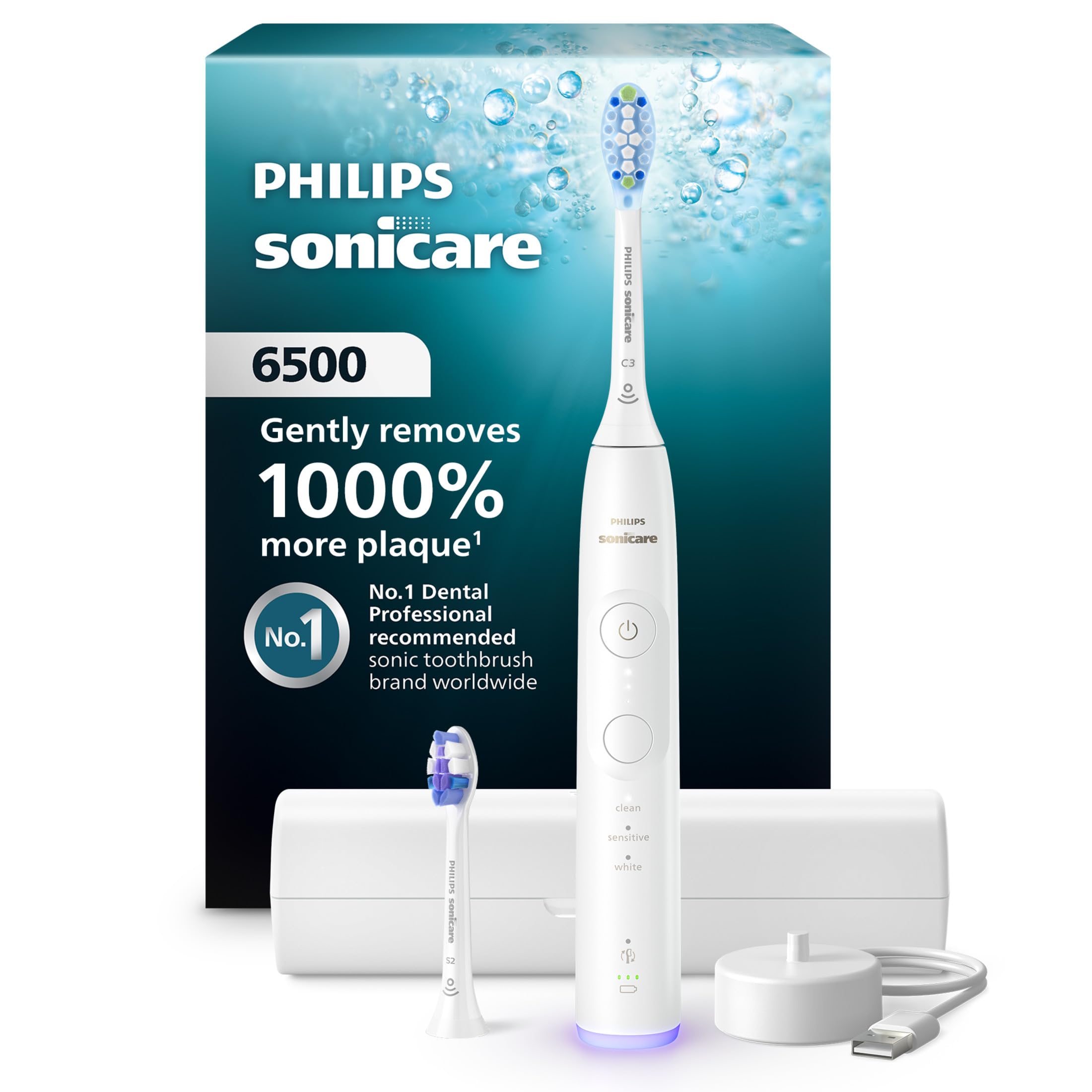 Philips Sonicare 6500 handle and included brush heads showing a complete kit benefit