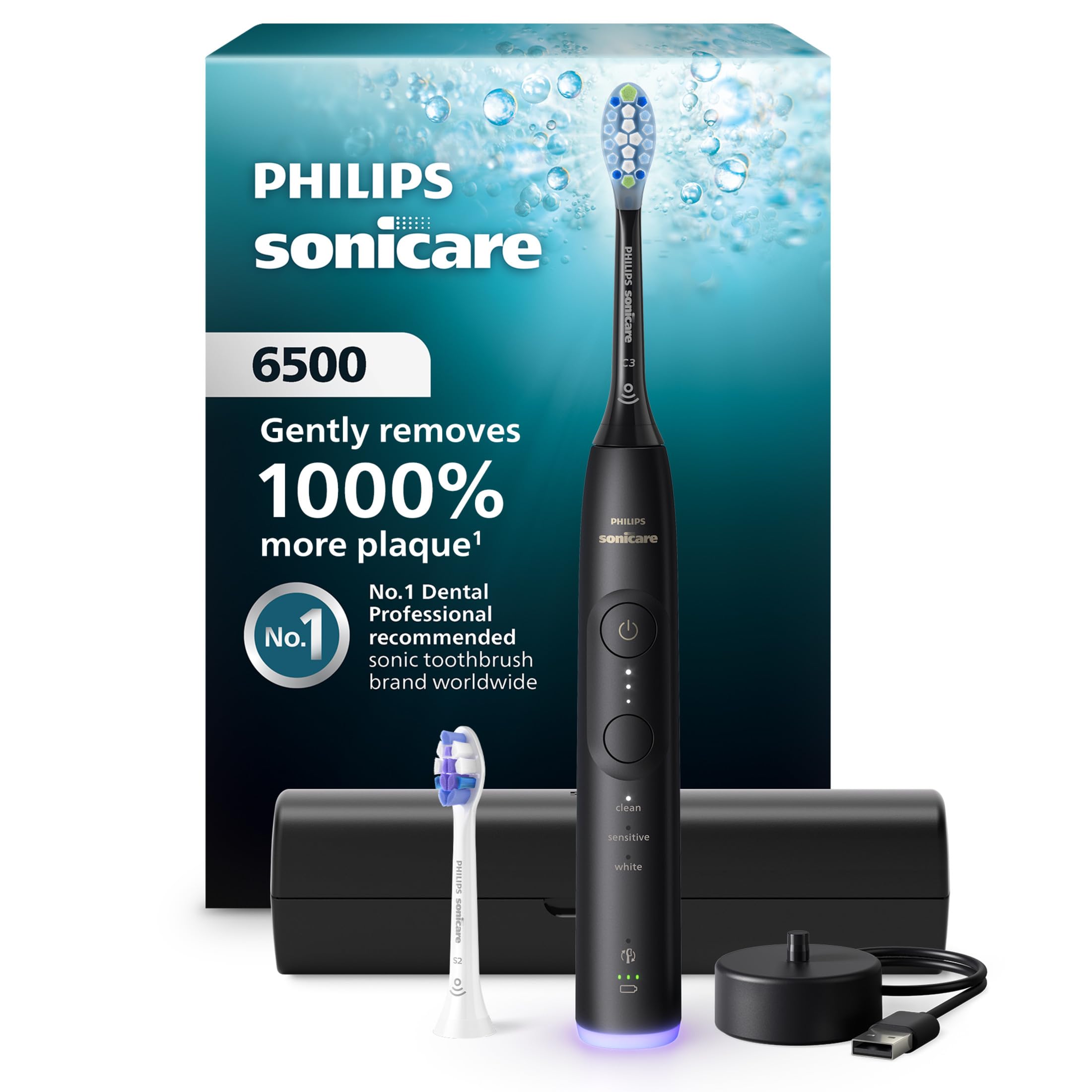 Philips Sonicare 6500 front view showing sleek black handle and power button for efficient cleaning
