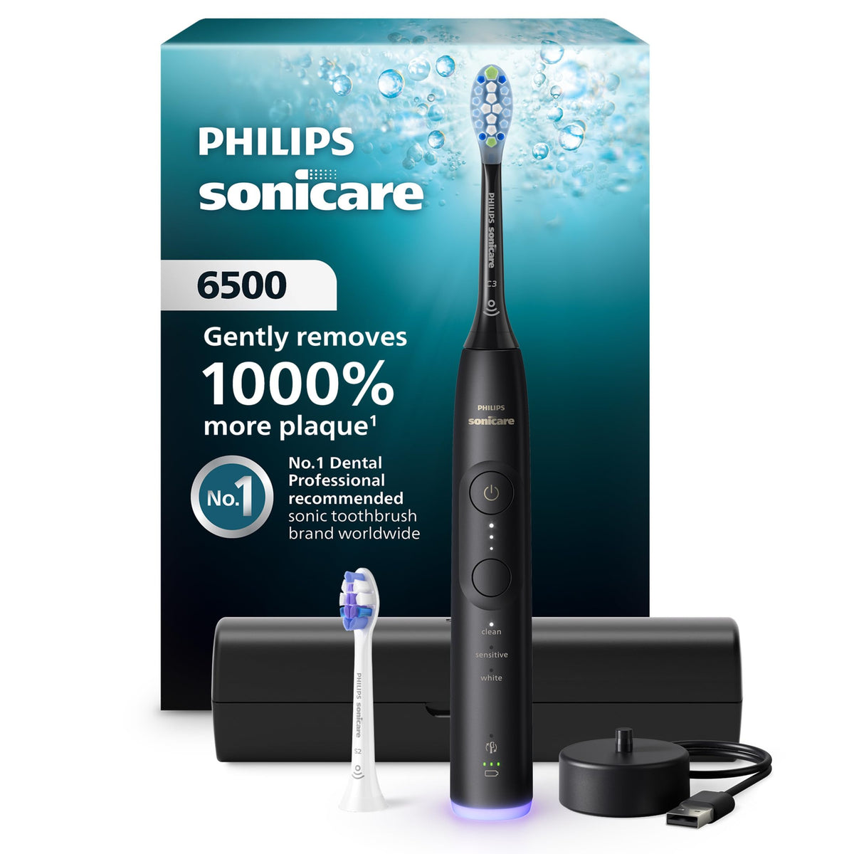Philips Sonicare 6500 front view showing sleek black handle and power button for efficient cleaning
