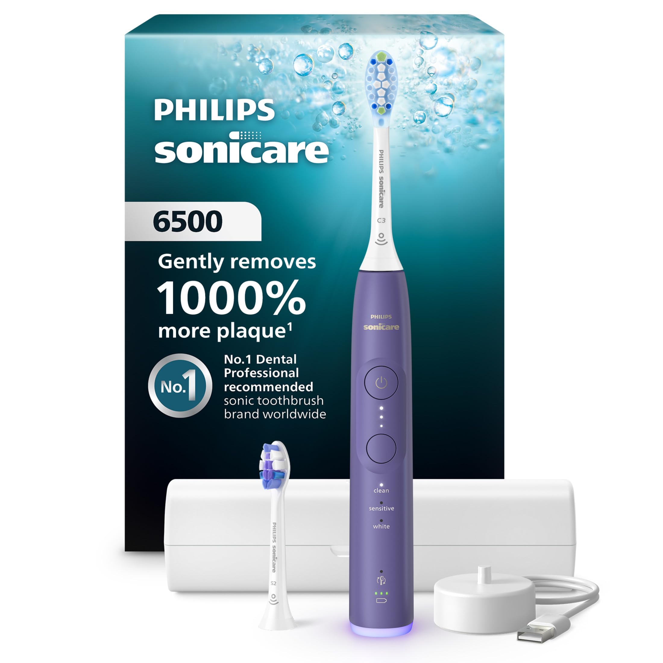 Philips Sonicare 6500 front view showing handle and brush heads for powerful cleaning