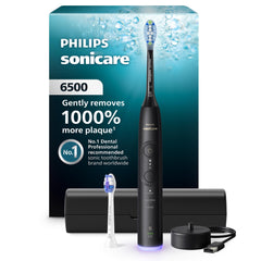 Philips Sonicare 6500 front view showing sleek black handle and power button for efficient cleaning