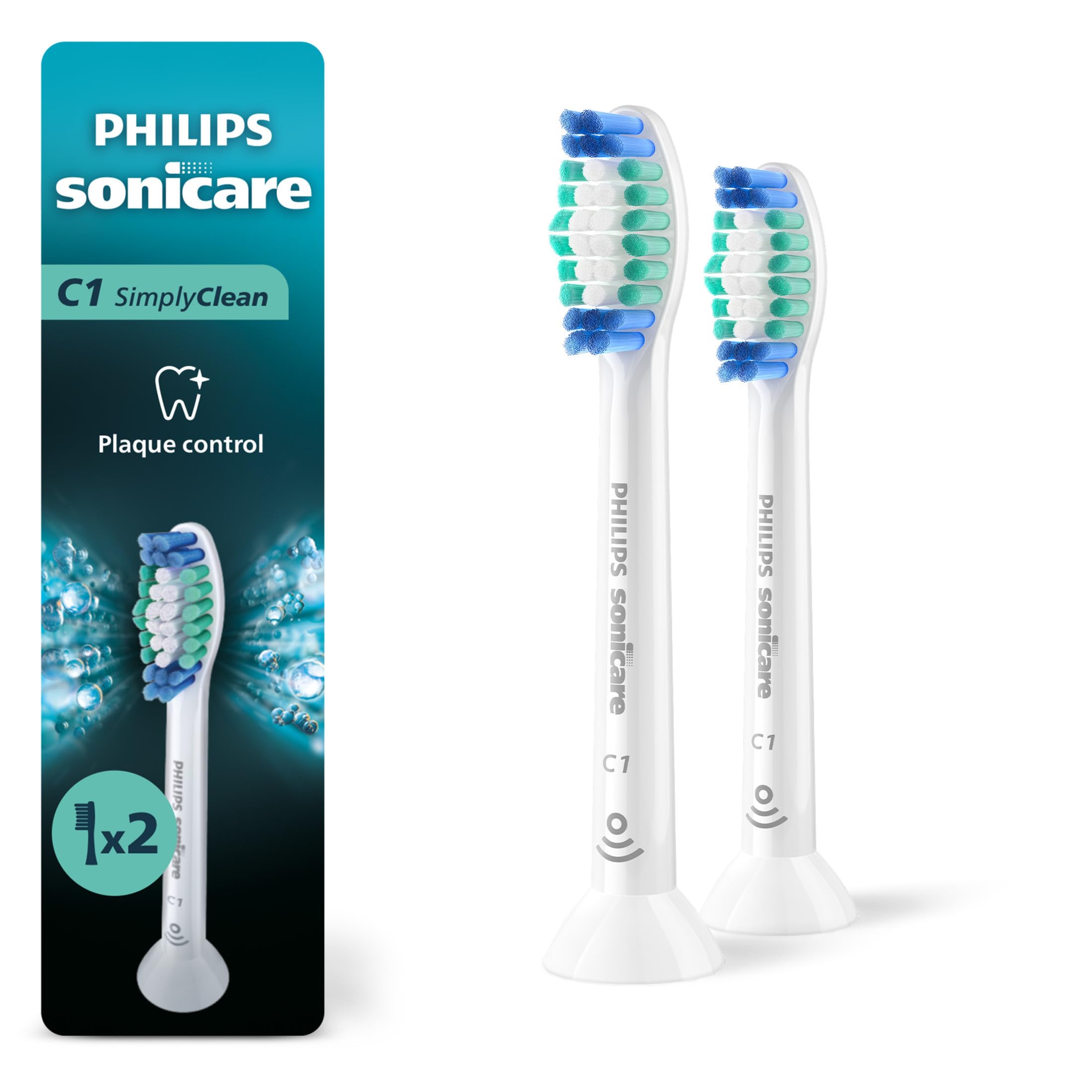 Philips Sonicare C1 pack front view showing two white brush heads and packaging benefit
