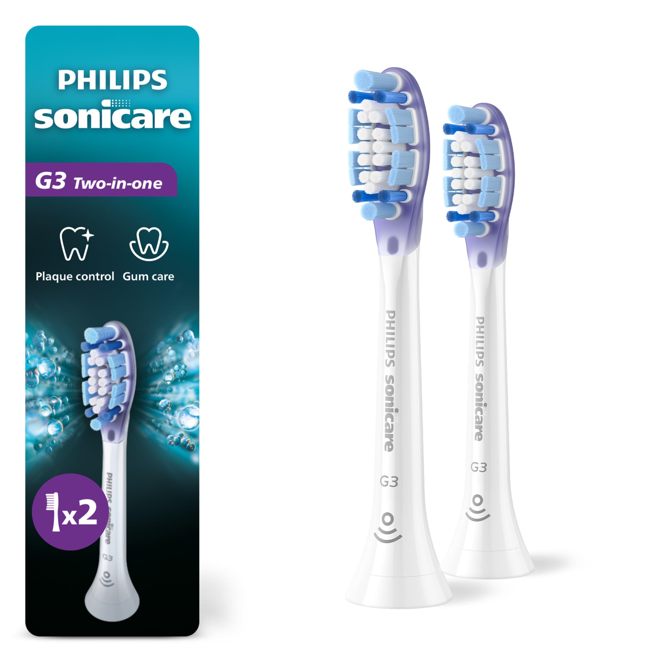 Philips Sonicare front packaging showing two white replacement heads and supply benefit