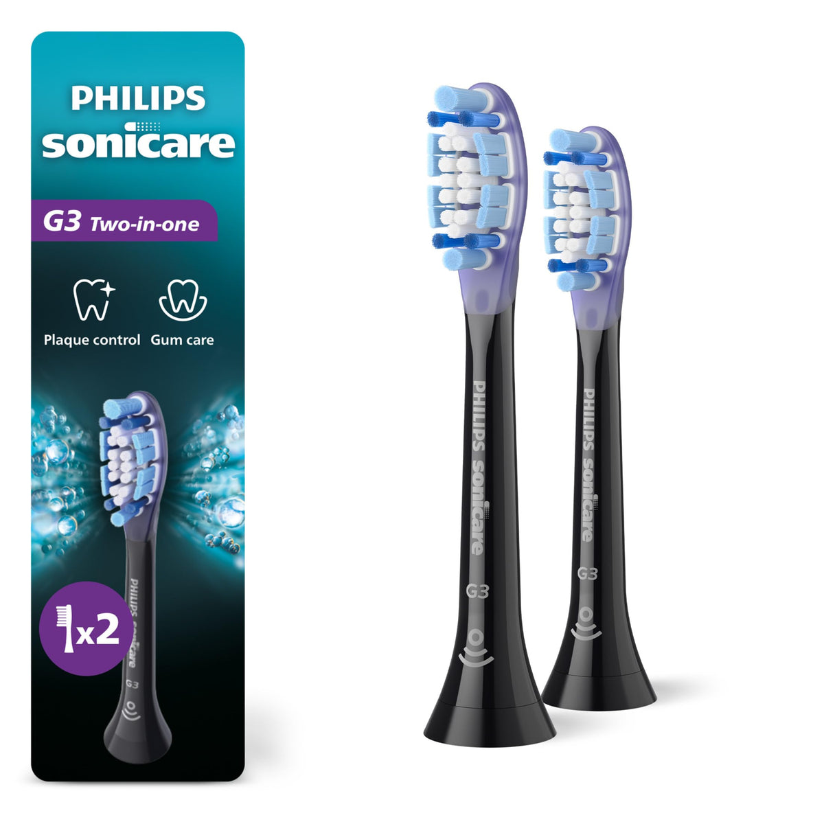 Philips Sonicare front packaging showing two brush heads and benefits