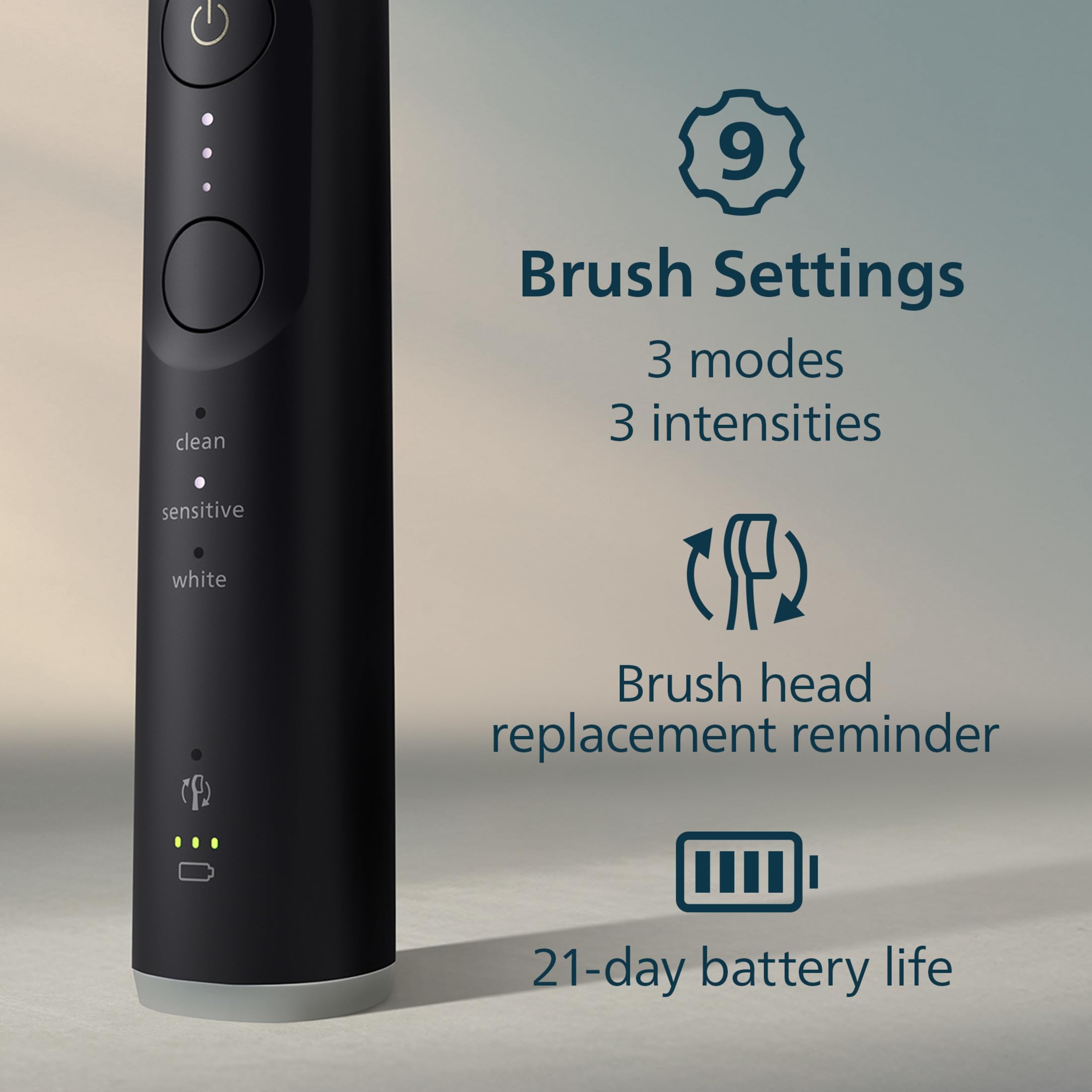 Philips Sonicare in use demonstrating brushing technique for deeper plaque removal and comfort