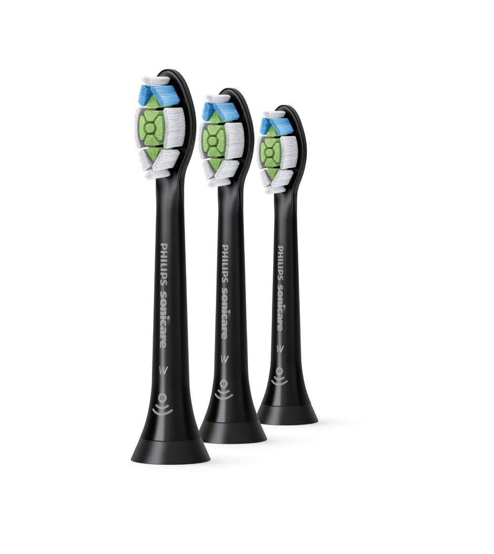 Philips Sonicare front packaging showing three black brush heads and benefits