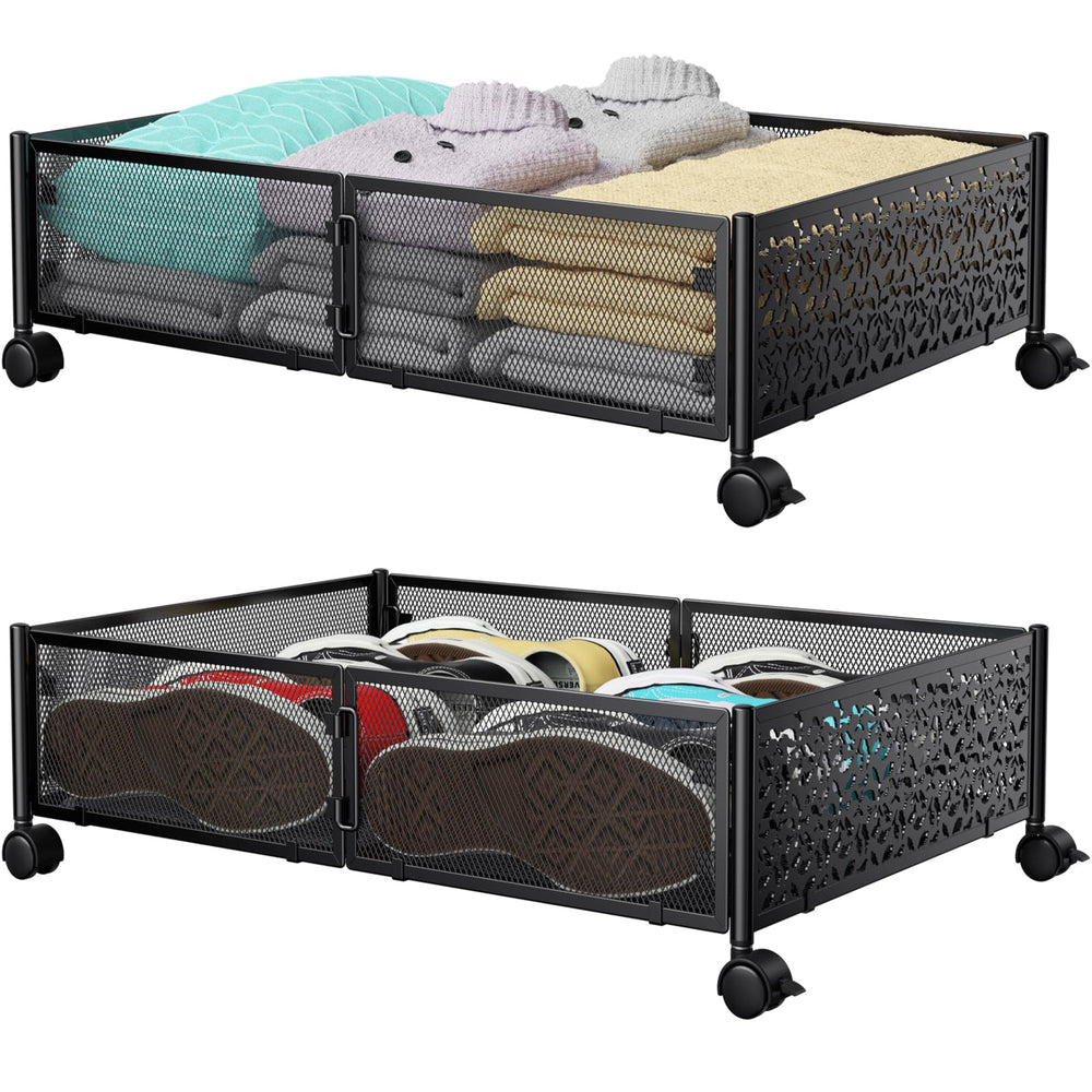 PHINOX front view of both black metal under bed storage units showing durable construction