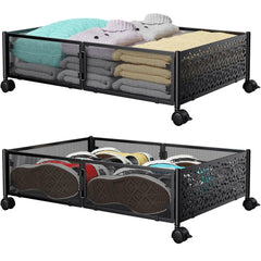 PHINOX front view of both black metal under bed storage units showing durable construction