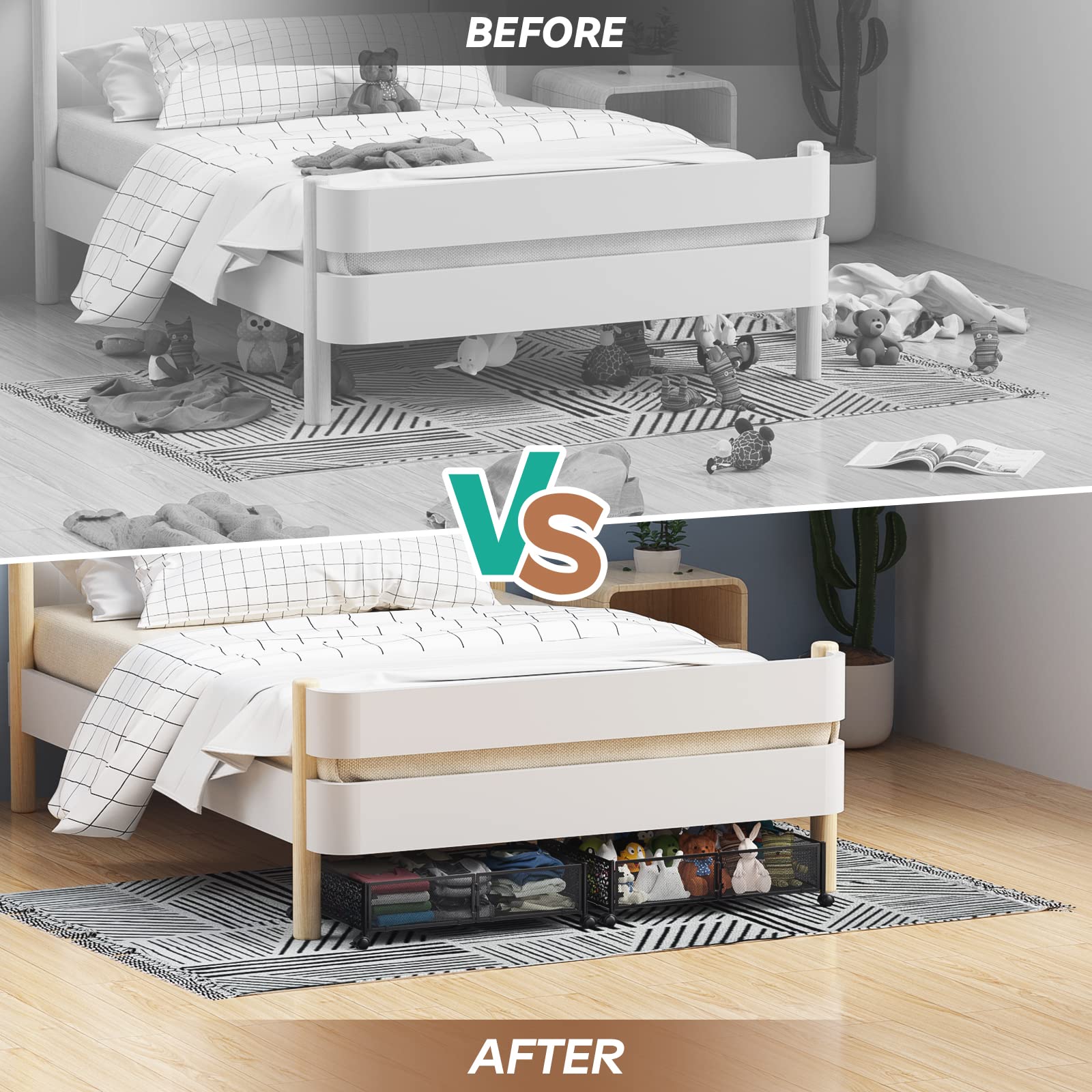 PHINOX in a bedroom setting showing tidy floor and easy slide-out access benefit