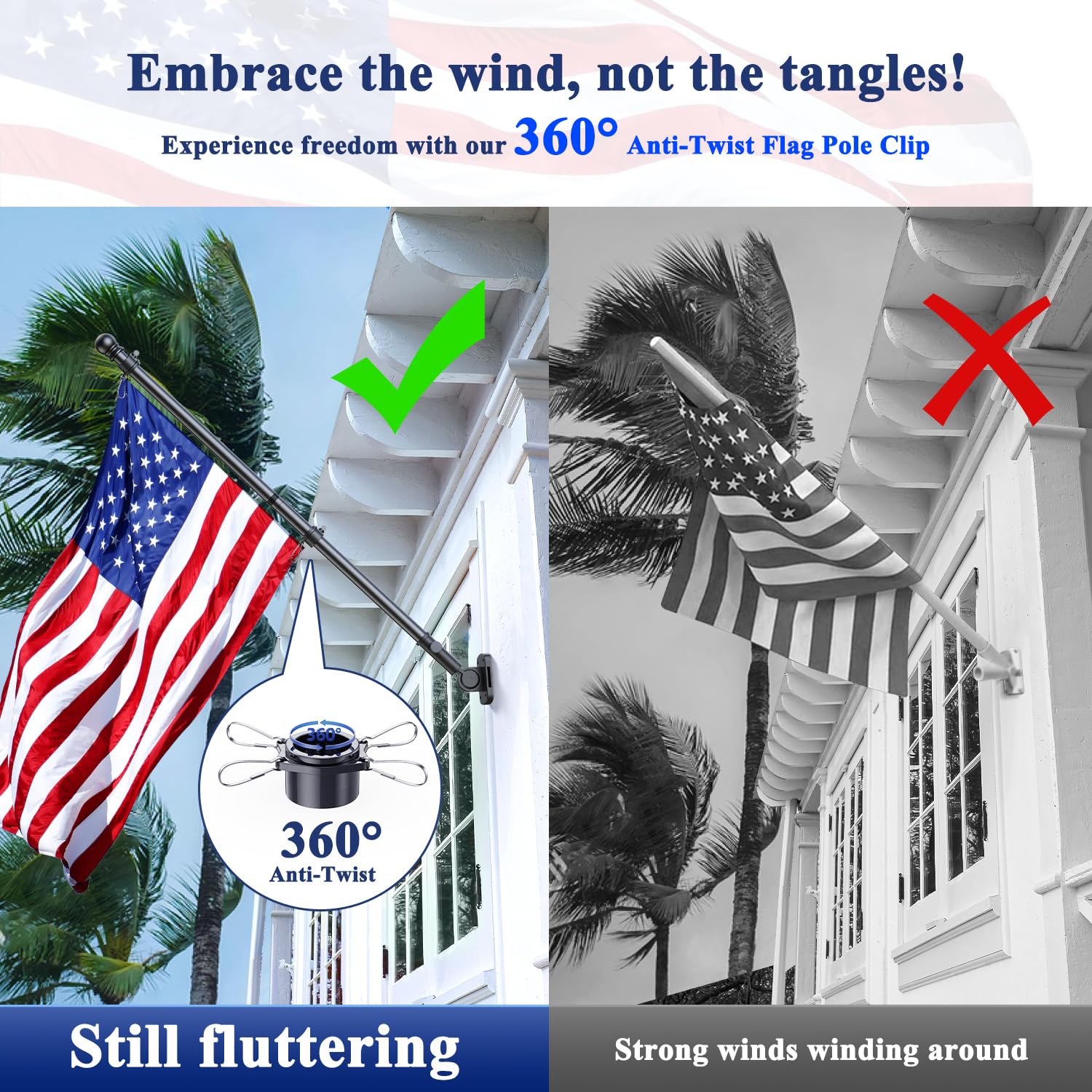 PHITRIC close-up of 360-degree rotating clip preventing flag tangling for visibility