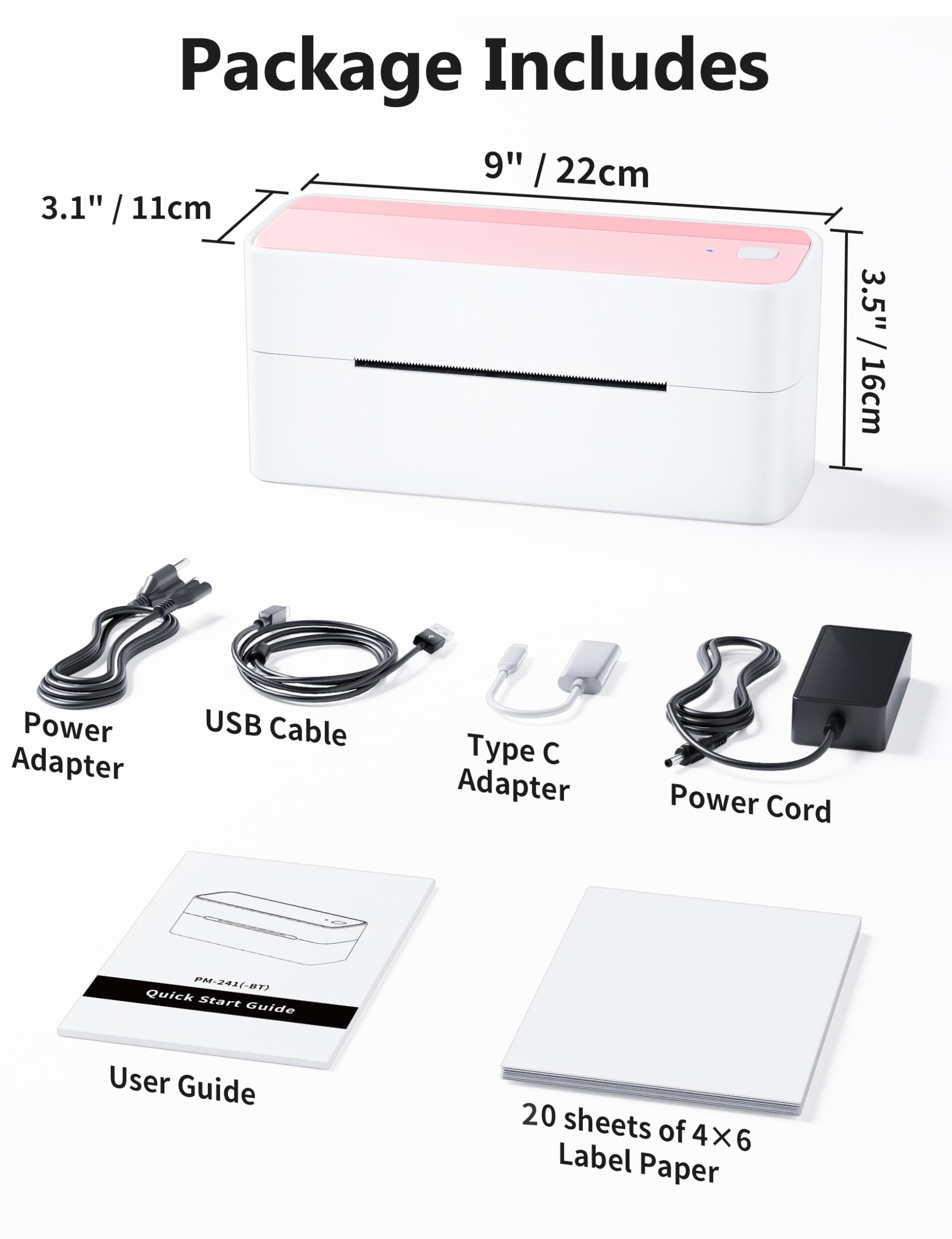 phomemo 241BT boxed packaging with USB cable and starter labels showing ready-to-use kit