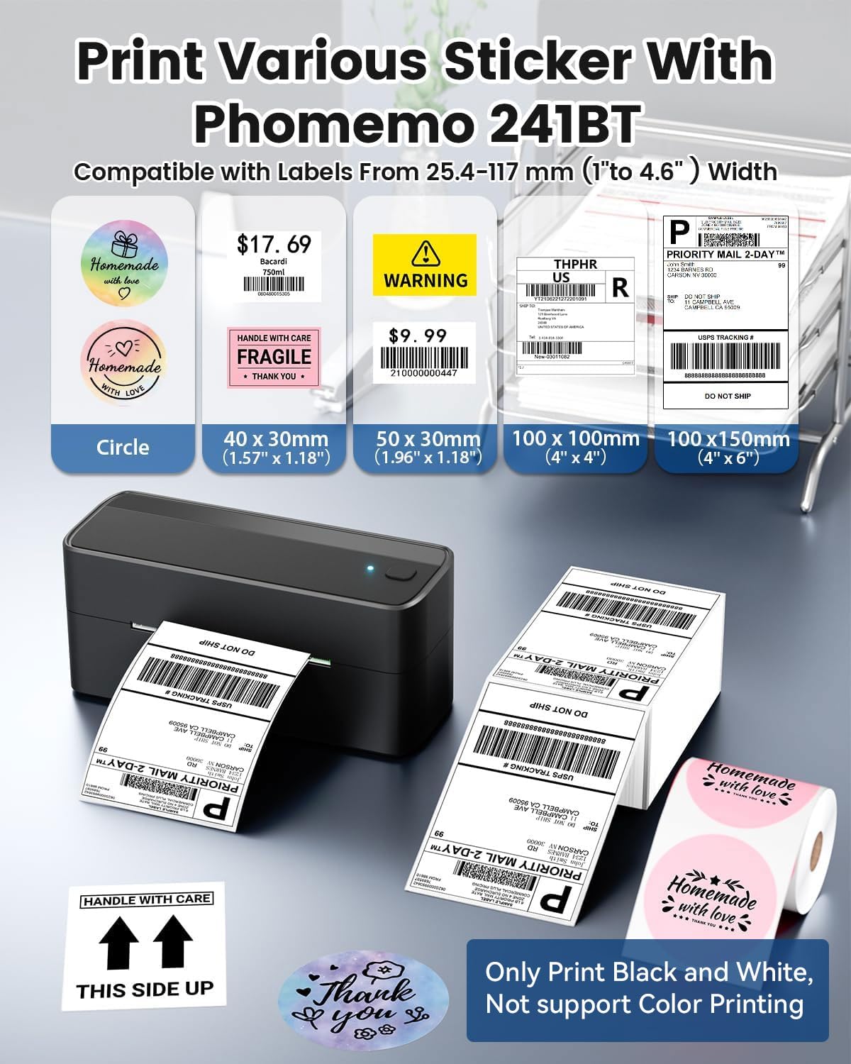 Phomemo 241BT printing a 4x6 shipping label for quick fulfillment