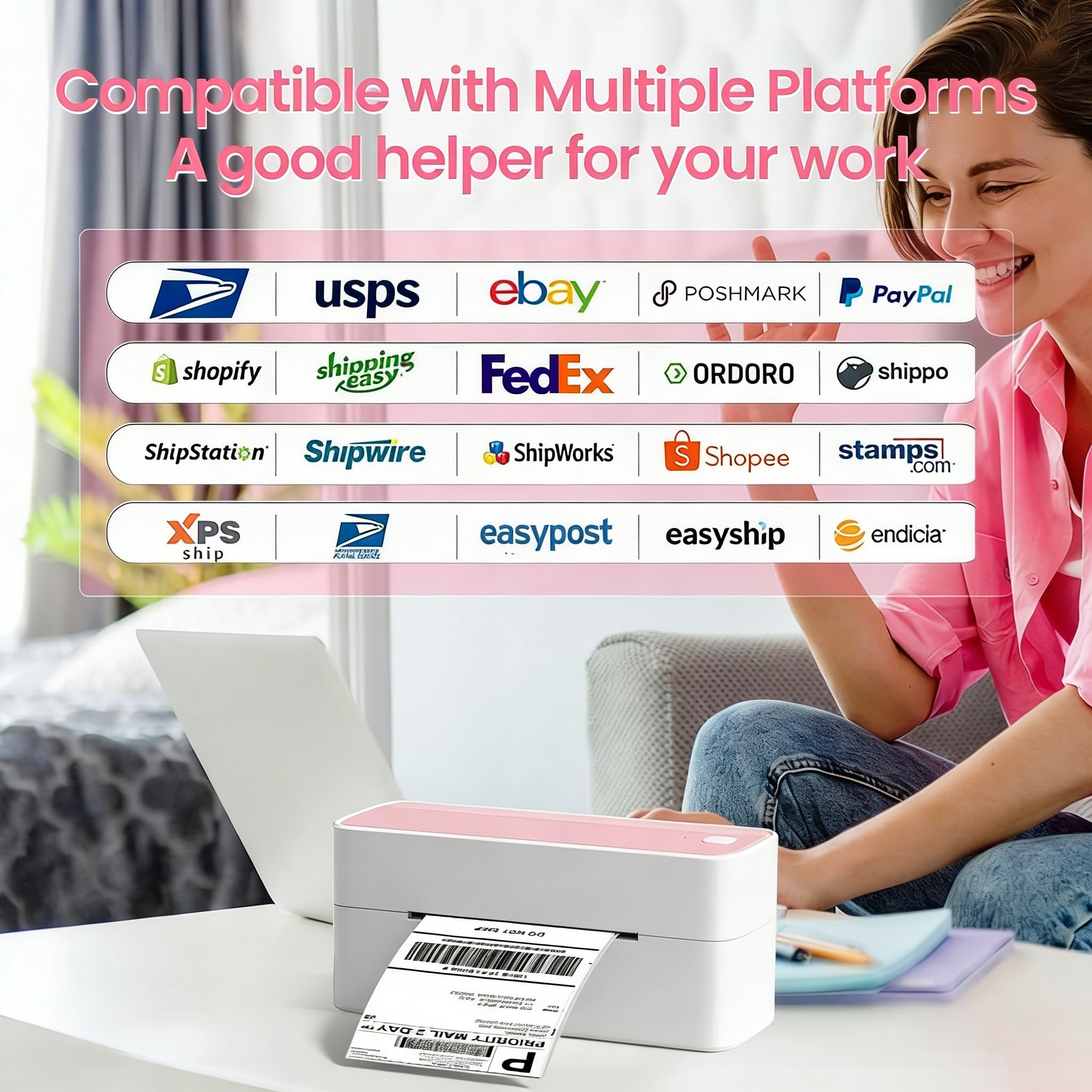 phomemo 241BT next to a notebook showing scale and compact footprint for small workspaces