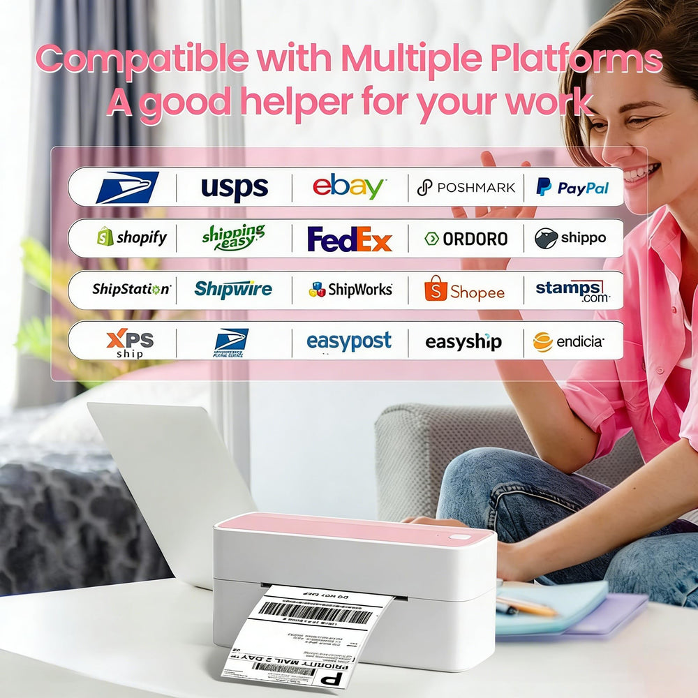 phomemo 241BT next to a notebook showing scale and compact footprint for small workspaces
