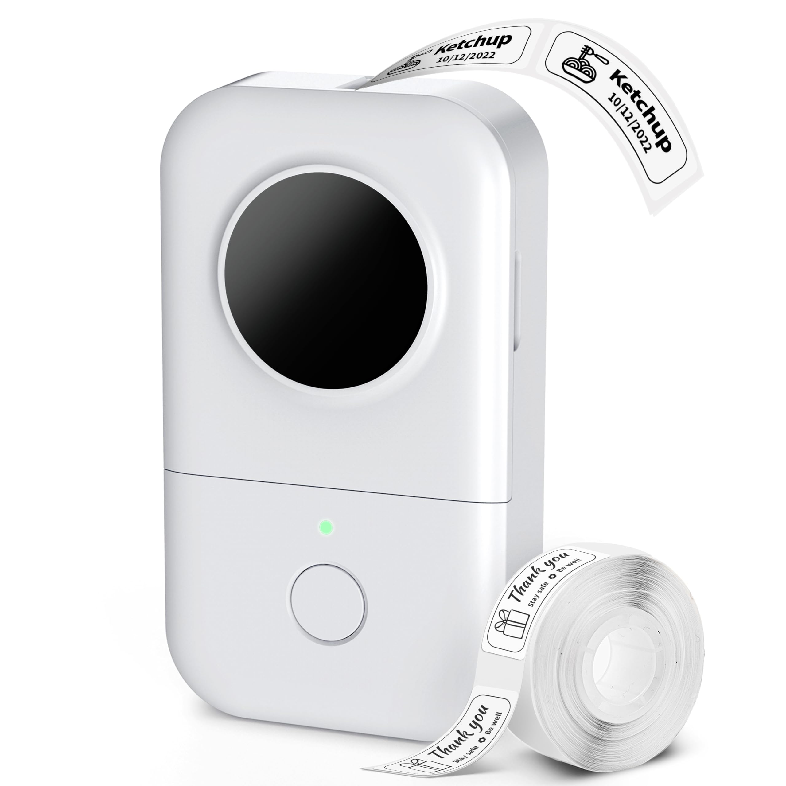 Phomemo D30 front view showing compact design and buttons for easy labeling