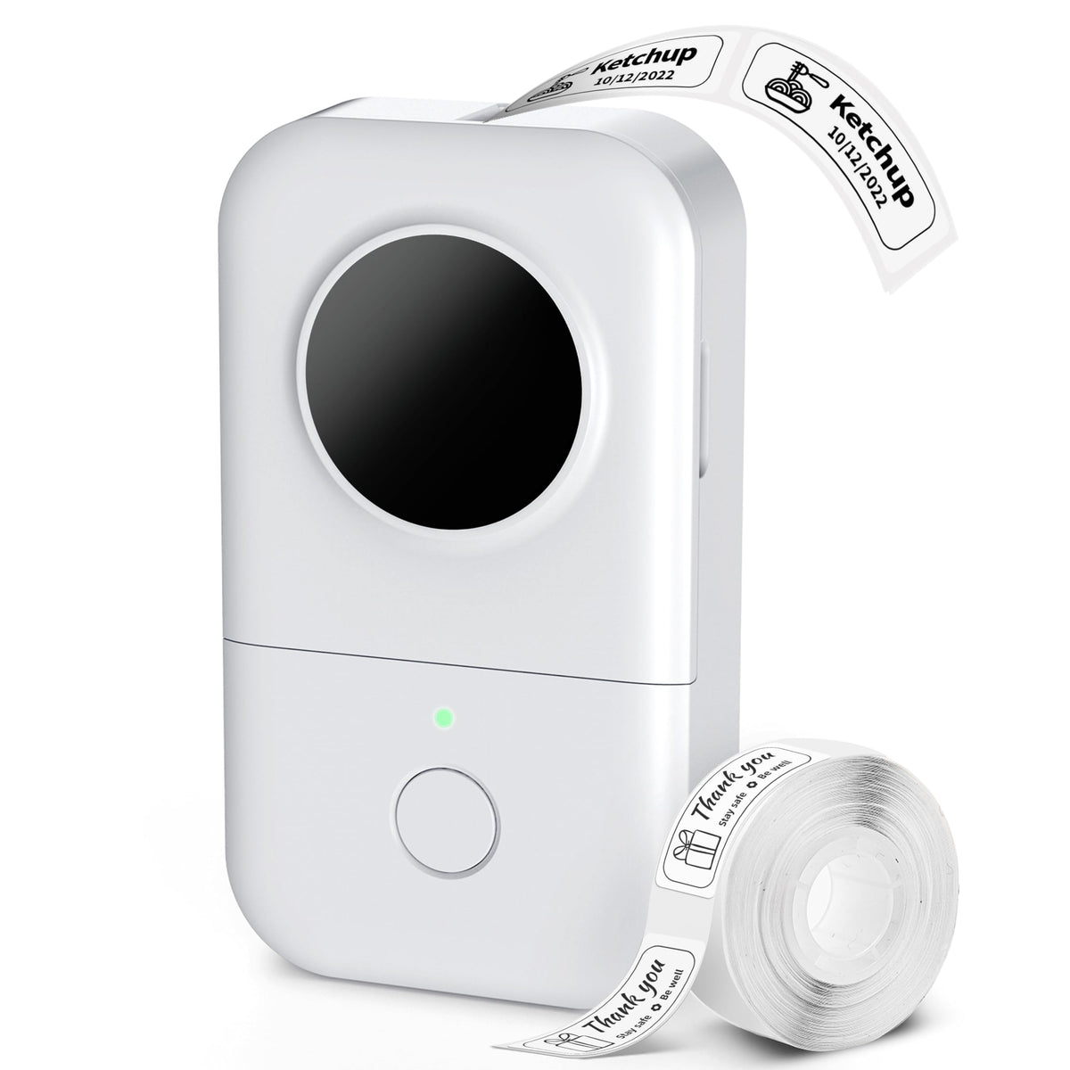 Phomemo D30 front view showing compact design and buttons for easy labeling