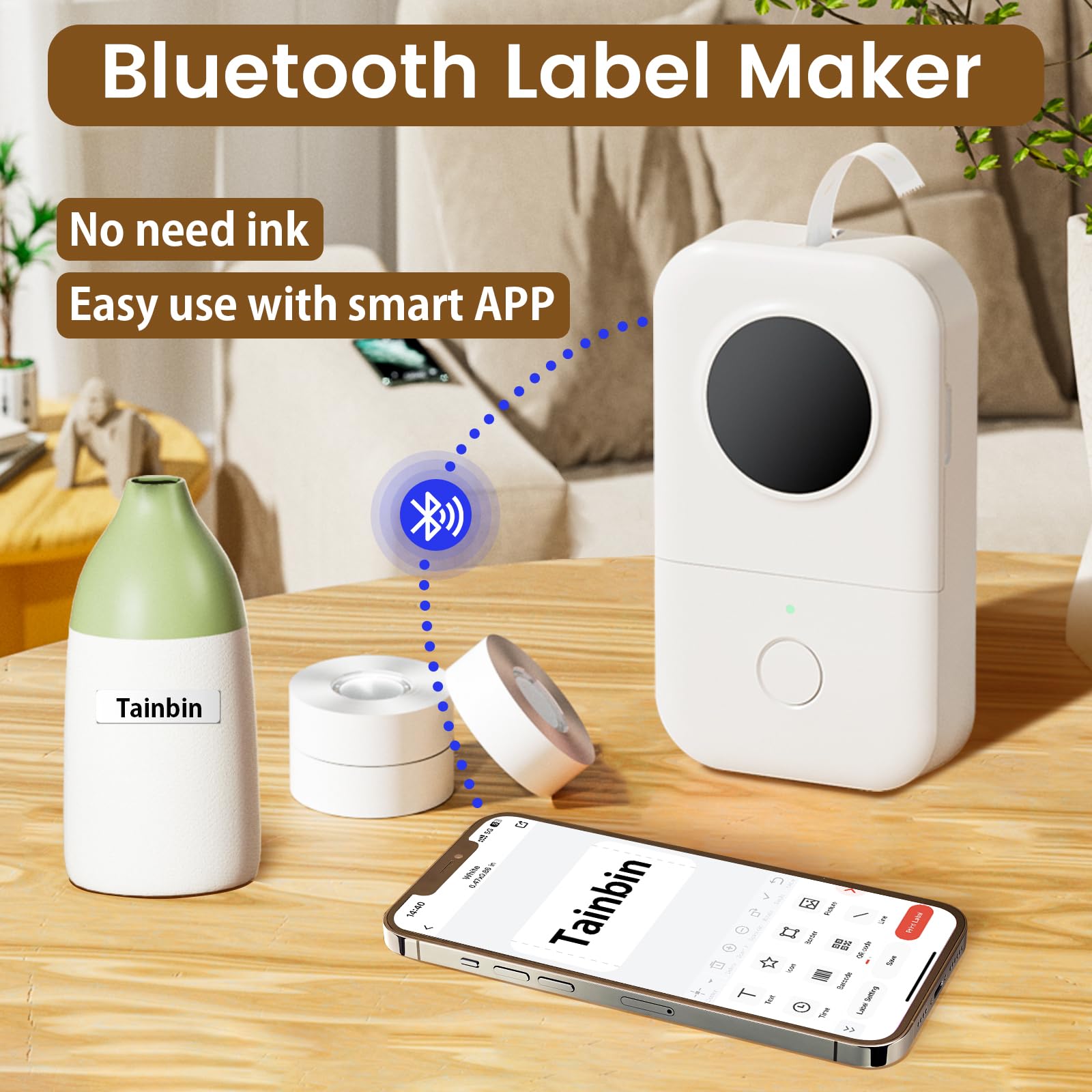 Phomemo D30 side profile highlighting slim body and USB-C port convenience