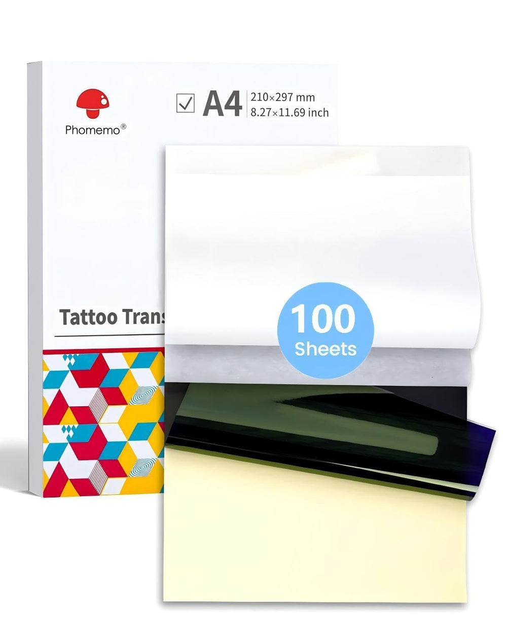 Phomemo front packaging showing 100 A4 blue stencil sheets and benefits