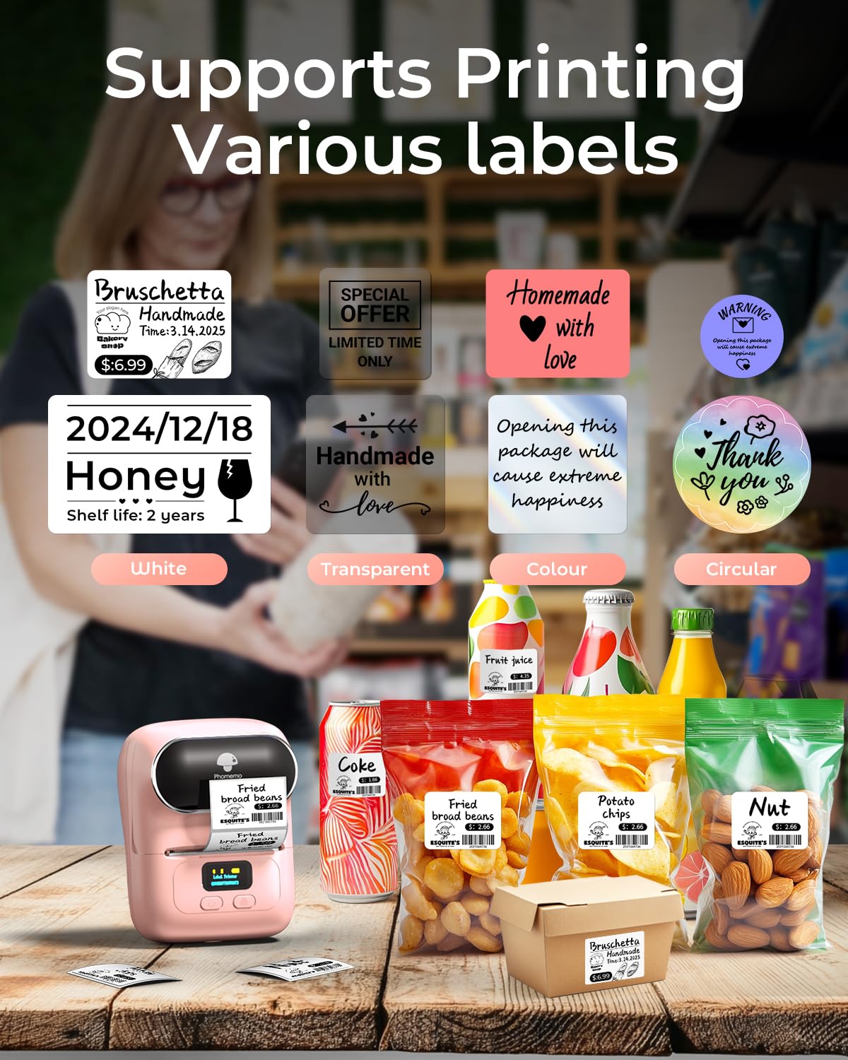 Phomemo M110 with an included test label roll highlighting compatibility and quick start benefit
