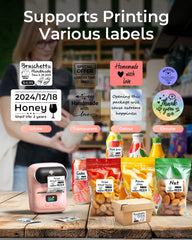 Phomemo M110 with an included test label roll highlighting compatibility and quick start benefit